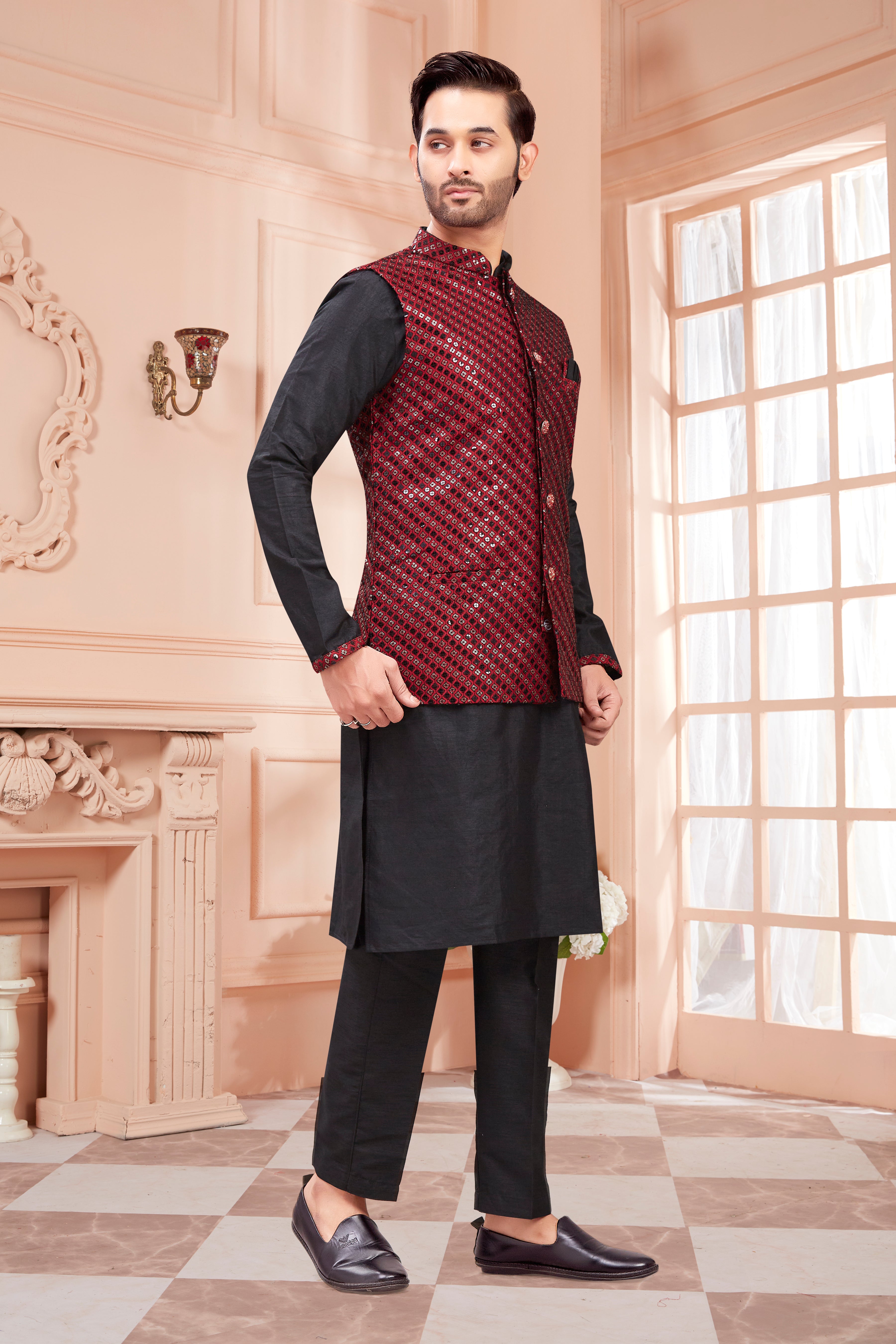 Mens Kurta Set With Tiki Embroidered Jacket - Roop Darshan