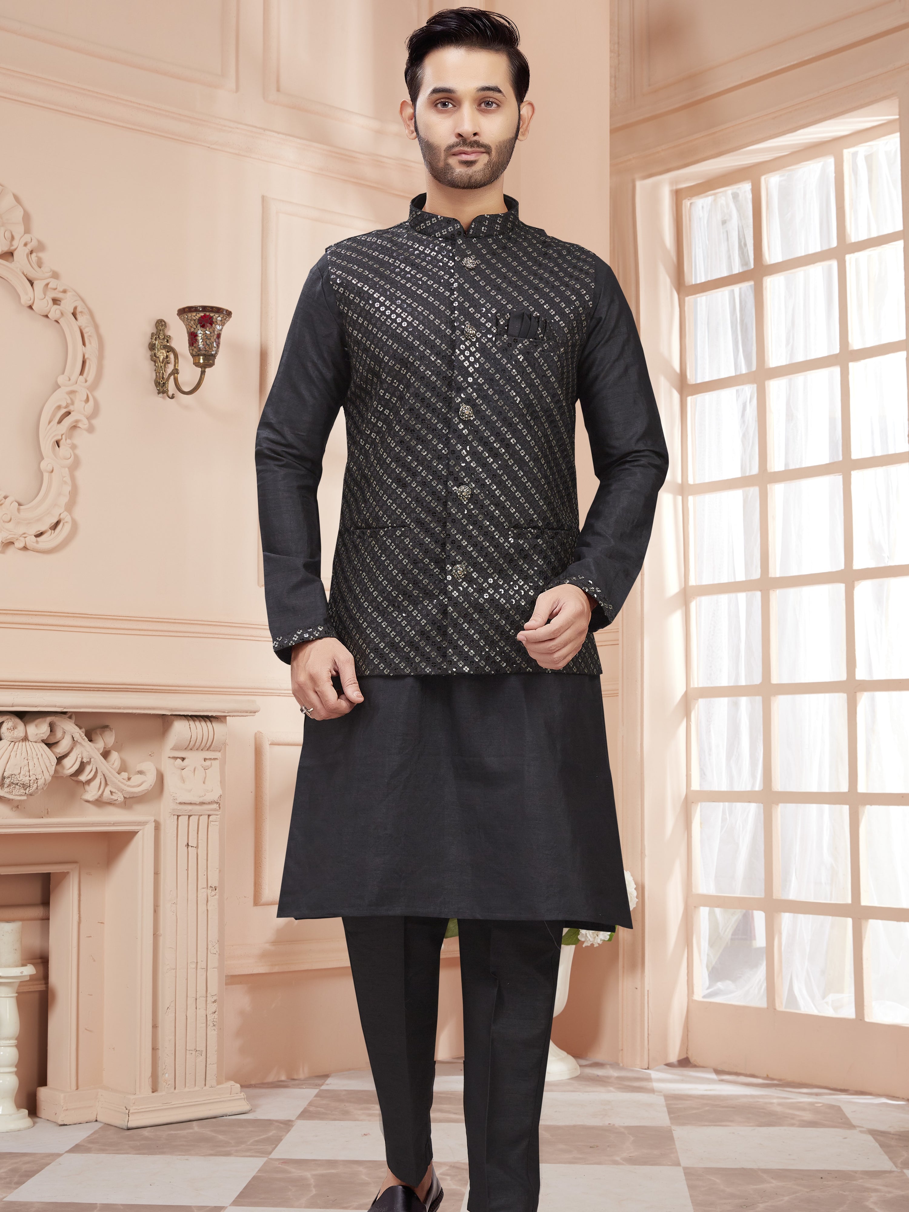 Mens Kurta Set With Tiki Embroidered Jacket - Roop Darshan