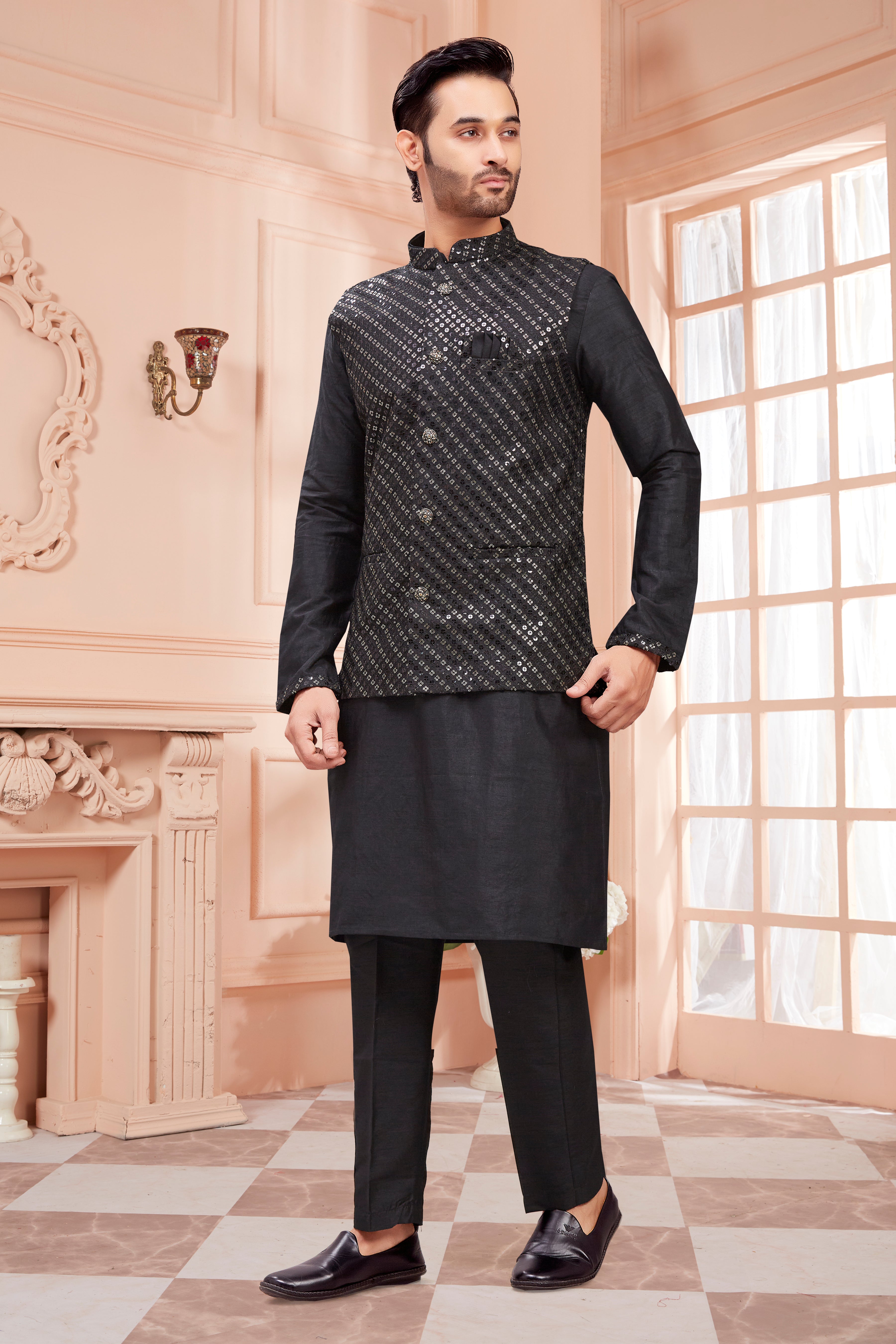 Mens Kurta Set With Tiki Embroidered Jacket - Roop Darshan