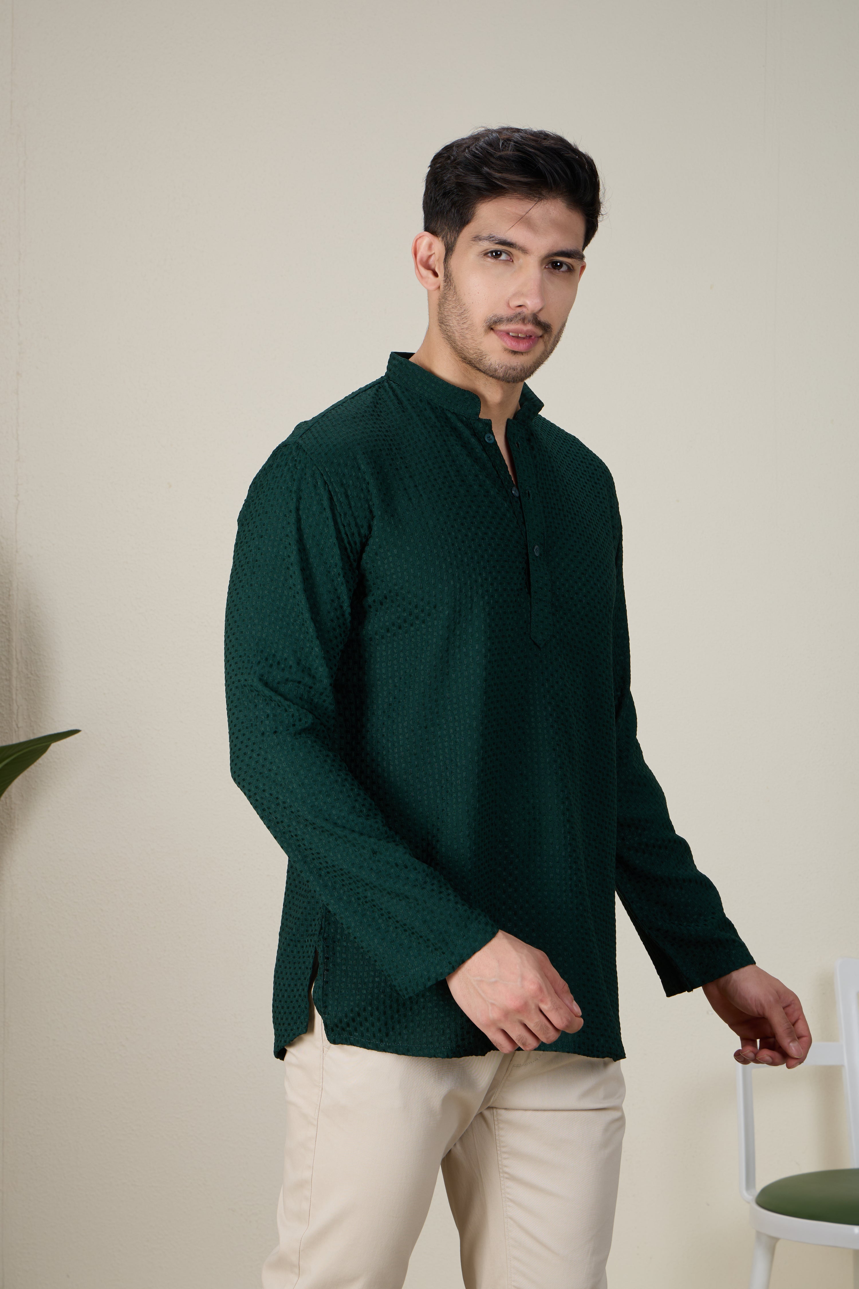 Mens Rayon Chiken-kari Work Kurta - Roop Darshan