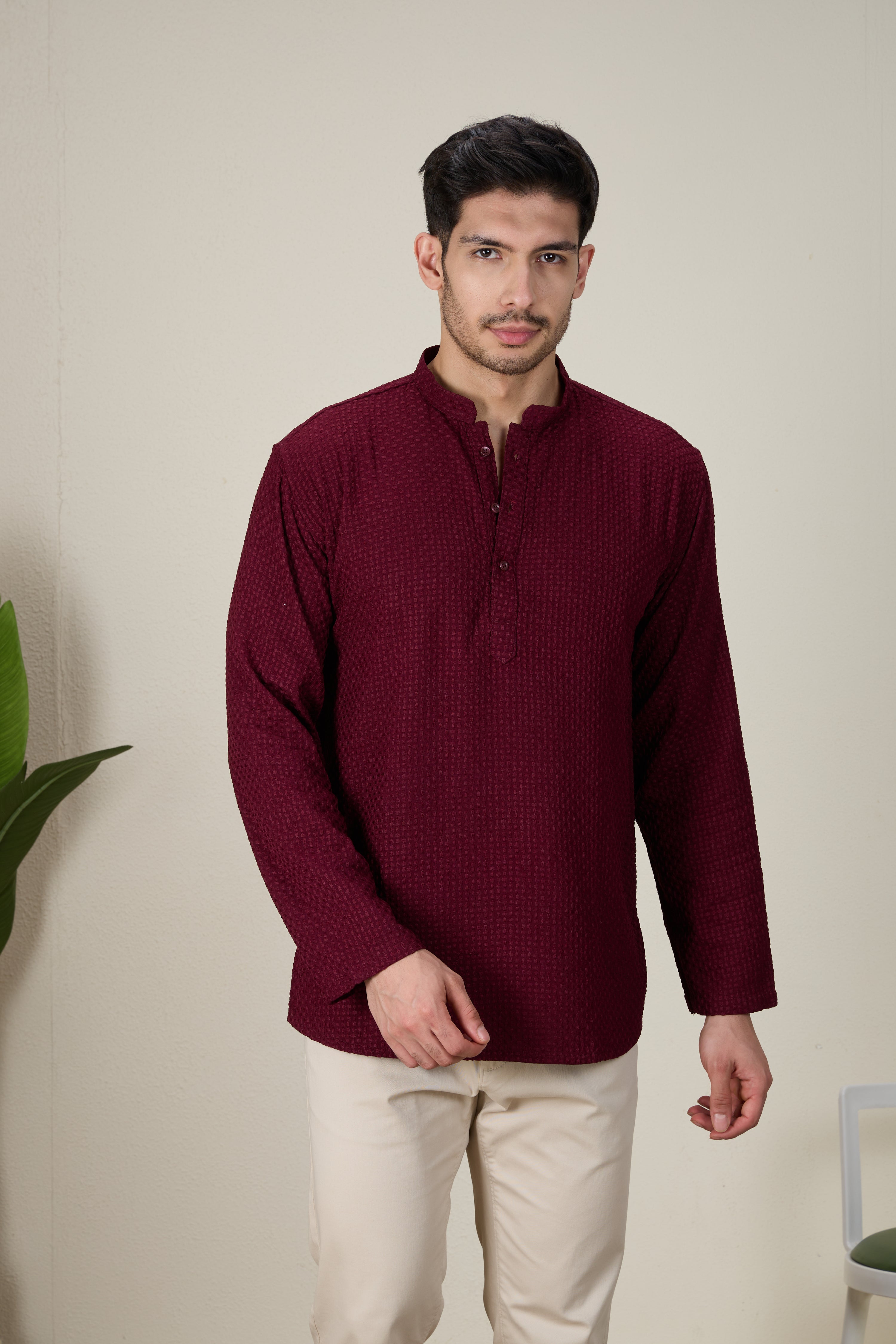 Mens Rayon Chiken-kari Work Kurta - Roop Darshan