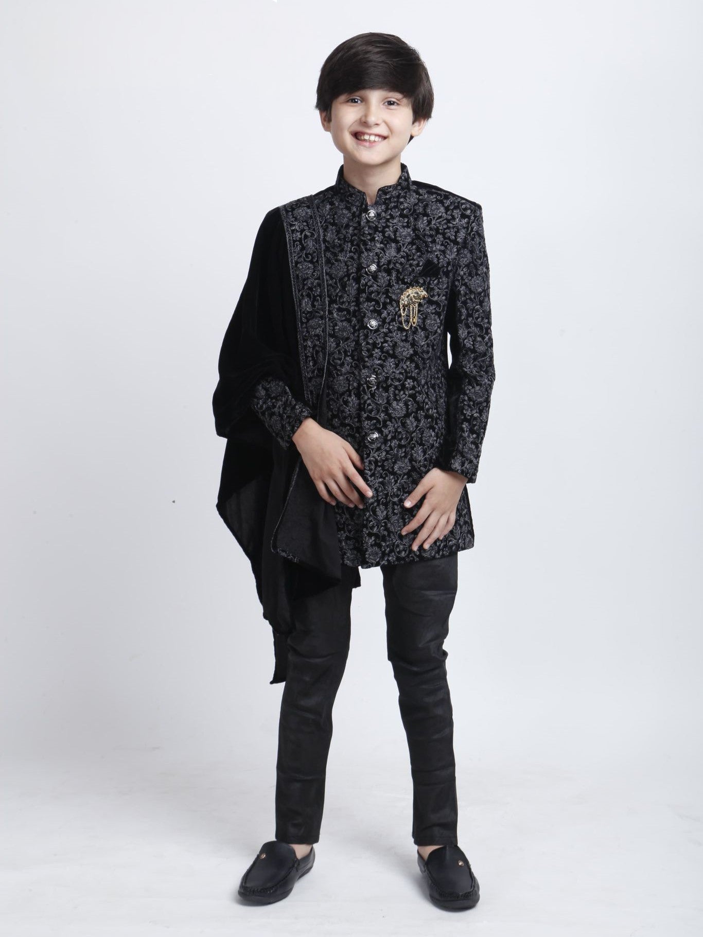 Boys Velvet Embroidered Indo-Western Suit - Roop Darshan