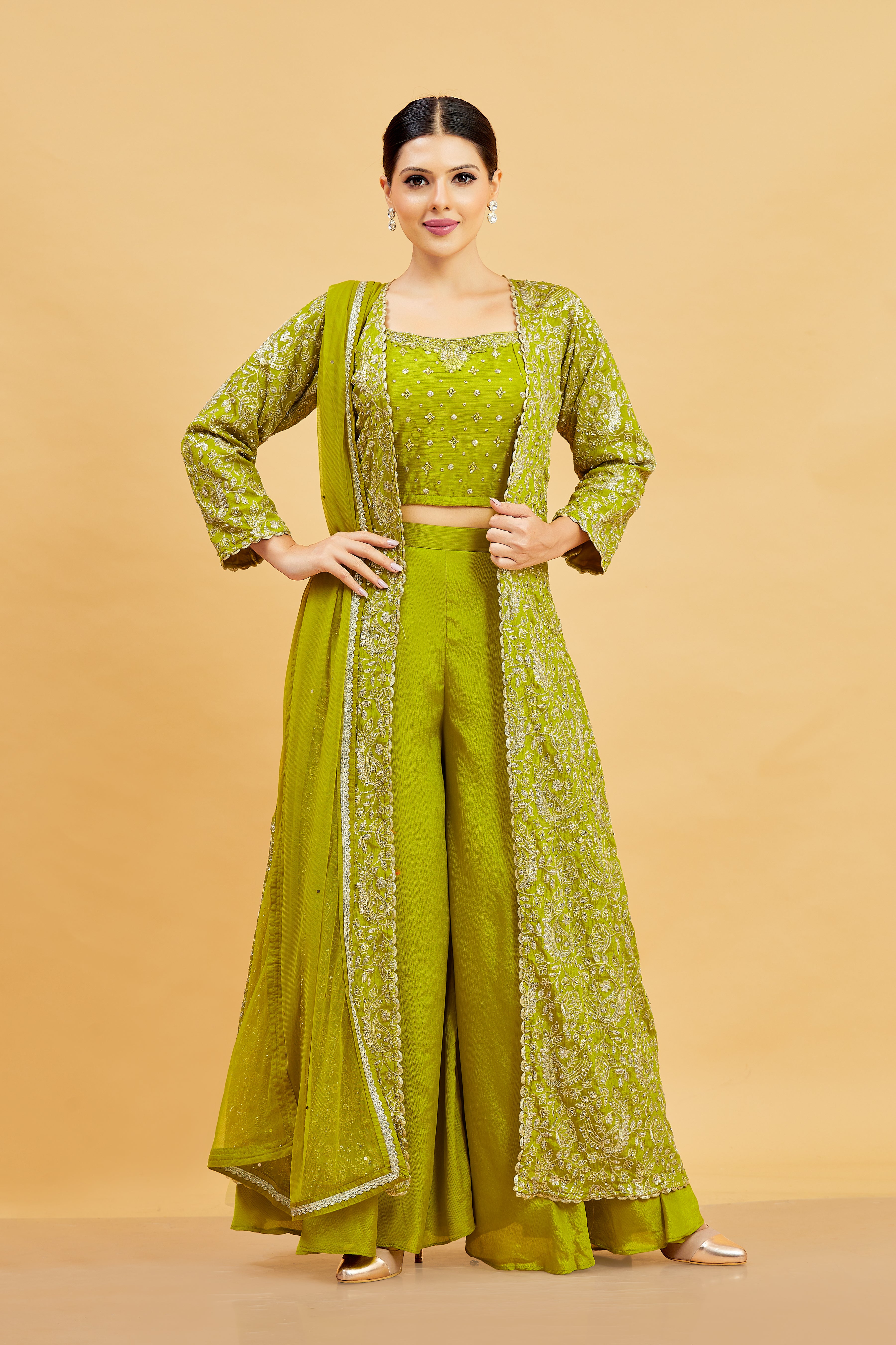 Kashvi Crop Top Palazzo Suit With Jacket - Roop Darshan