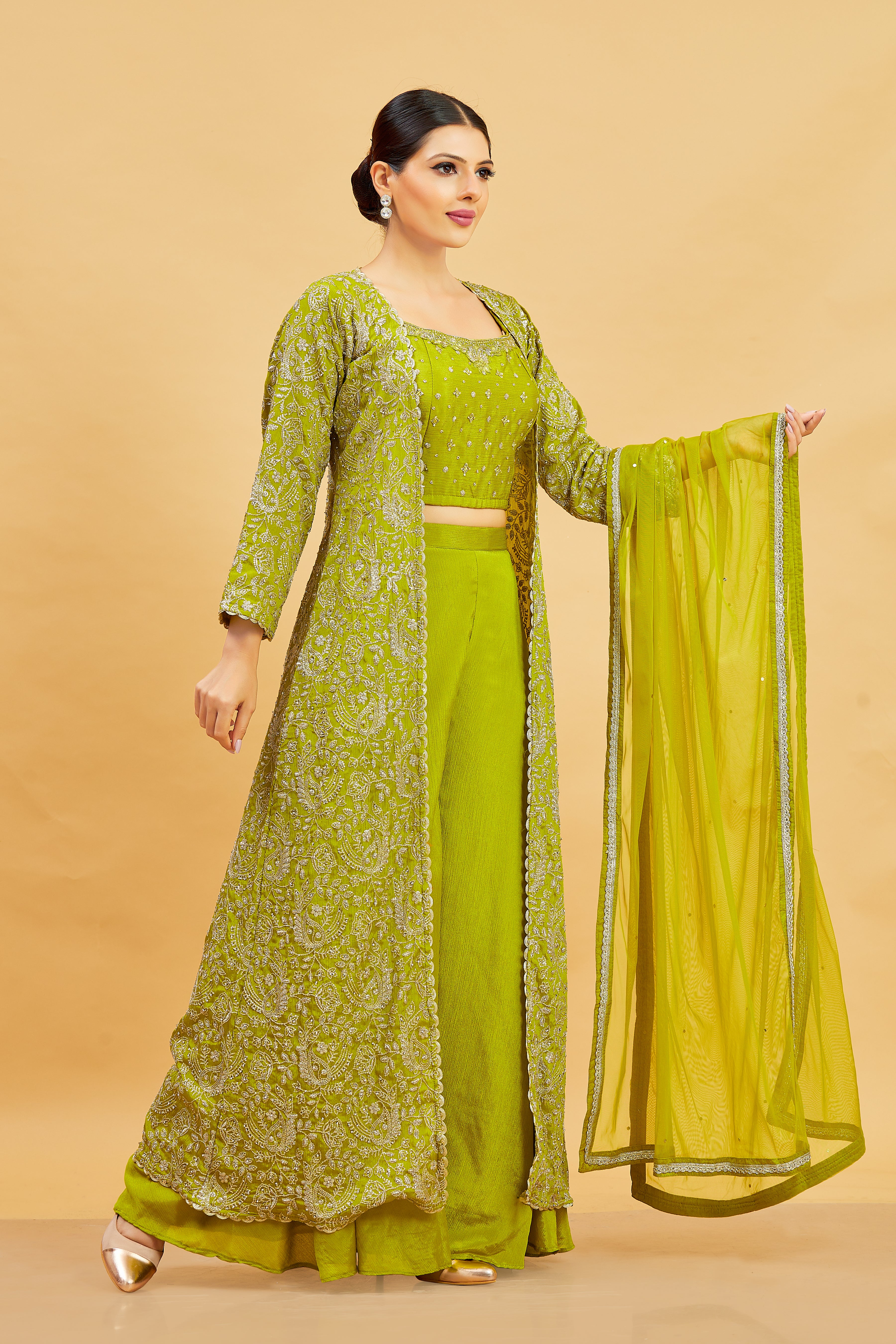 Kashvi Crop Top Palazzo Suit With Jacket - Roop Darshan