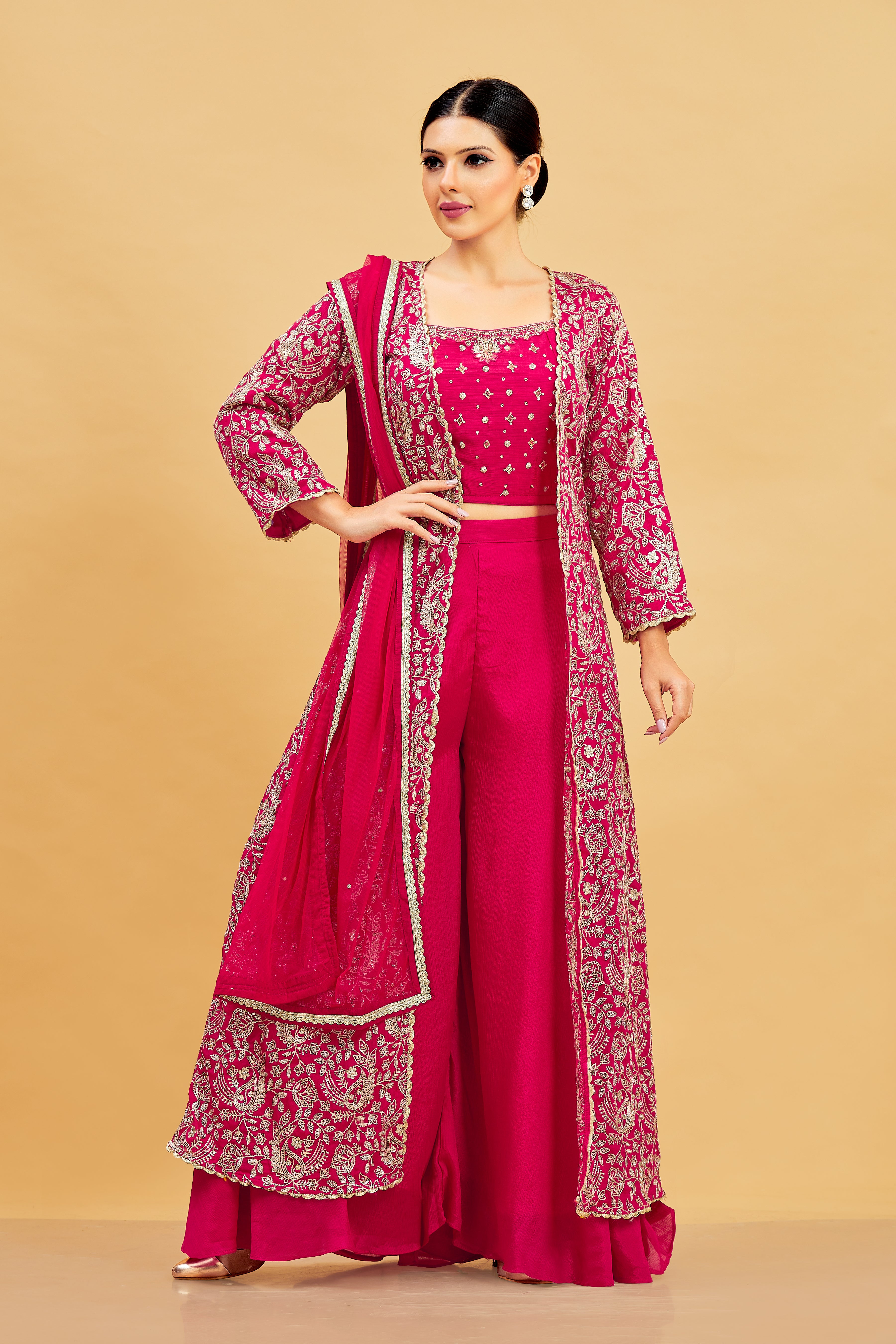 Kashvi Crop Top Palazzo Suit With Jacket - Roop Darshan