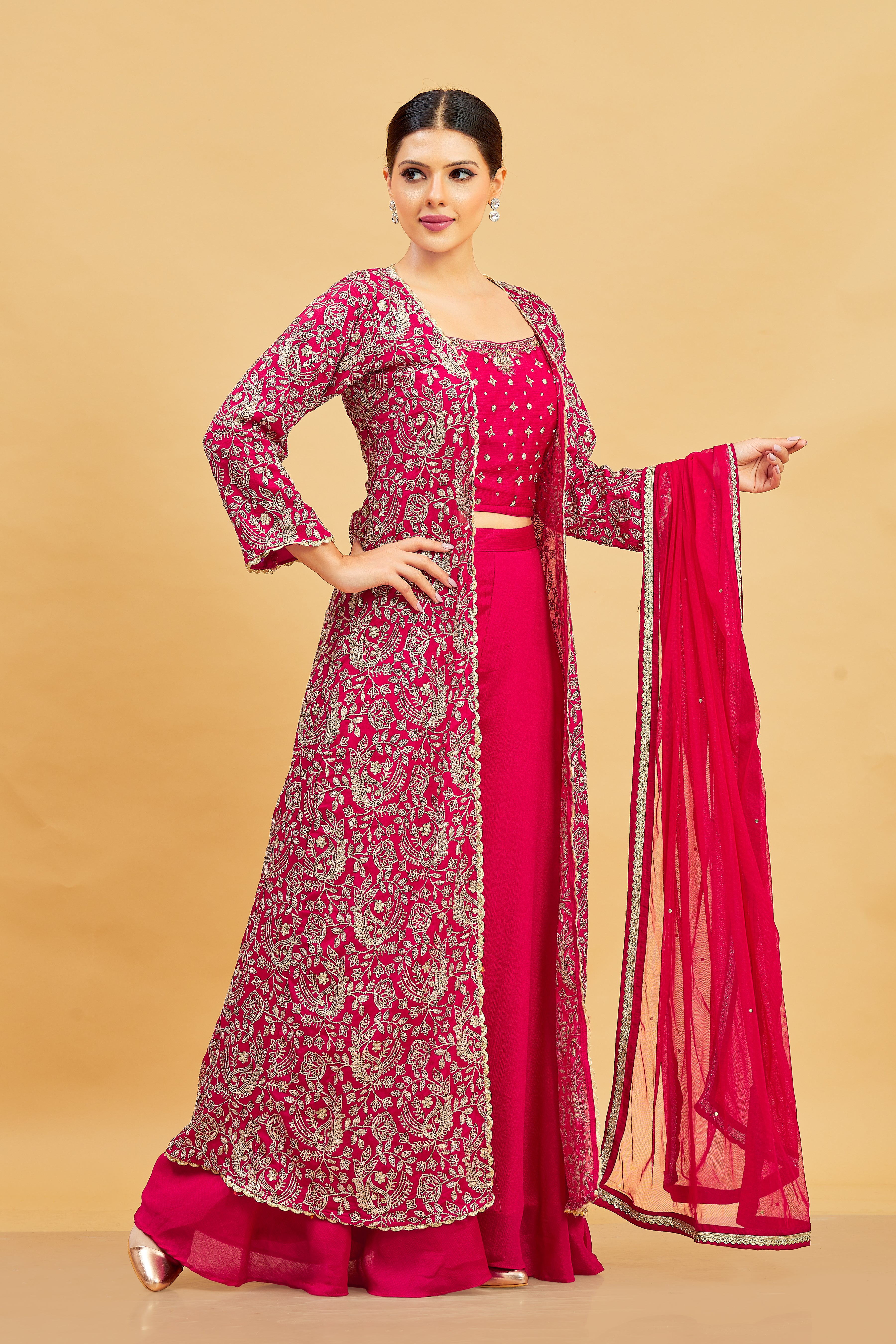 Kashvi Crop Top Palazzo Suit With Jacket - Roop Darshan
