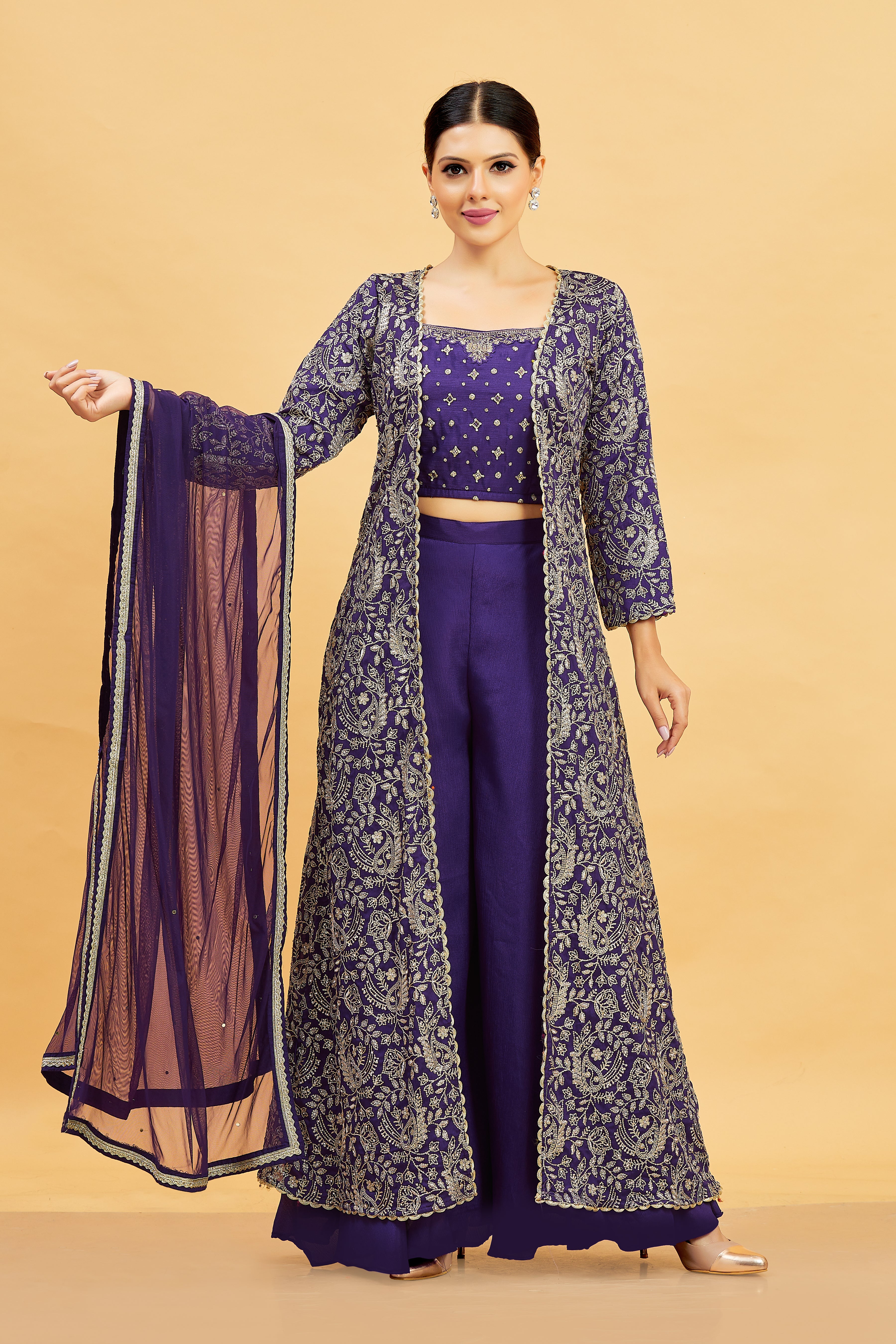 Kashvi Crop Top Palazzo Suit With Jacket - Roop Darshan
