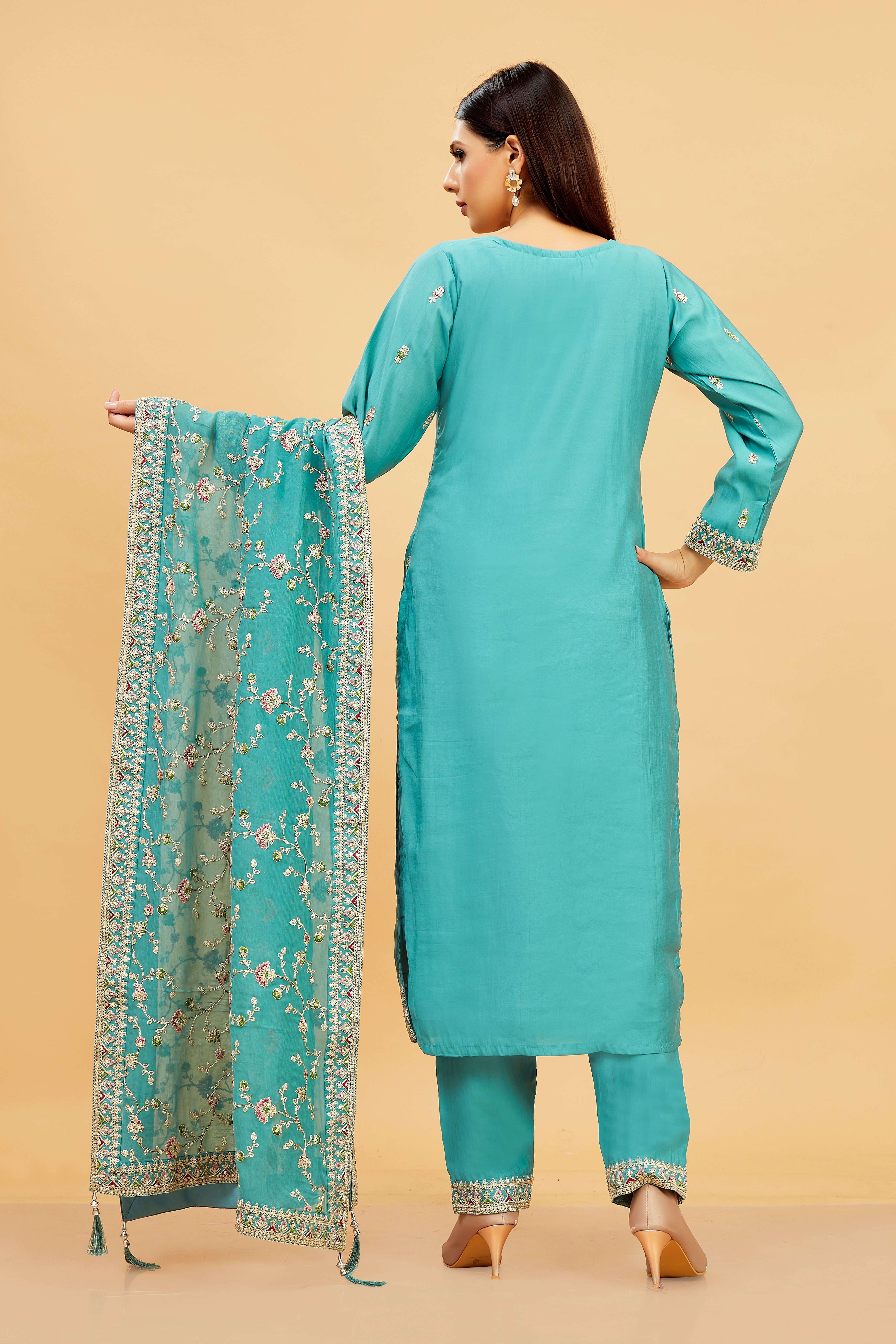 Vedika Ladies Silk Emb Wk Straight Kamiz & Pant L/S 38,42,46,50,54 - Roop Darshan