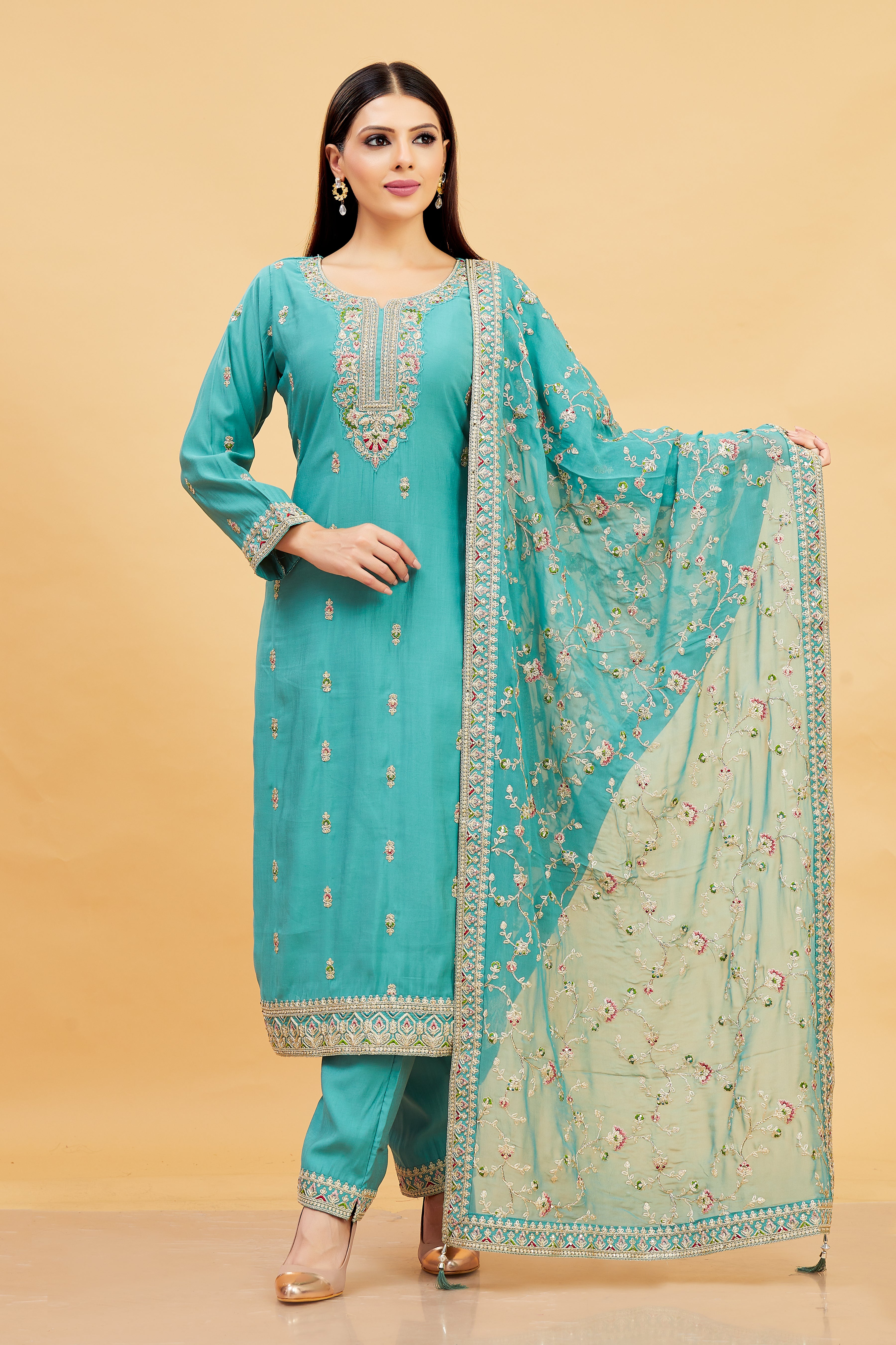 Vedika Ladies Silk Emb Wk Straight Kamiz & Pant L/S 38,42,46,50,54 - Roop Darshan