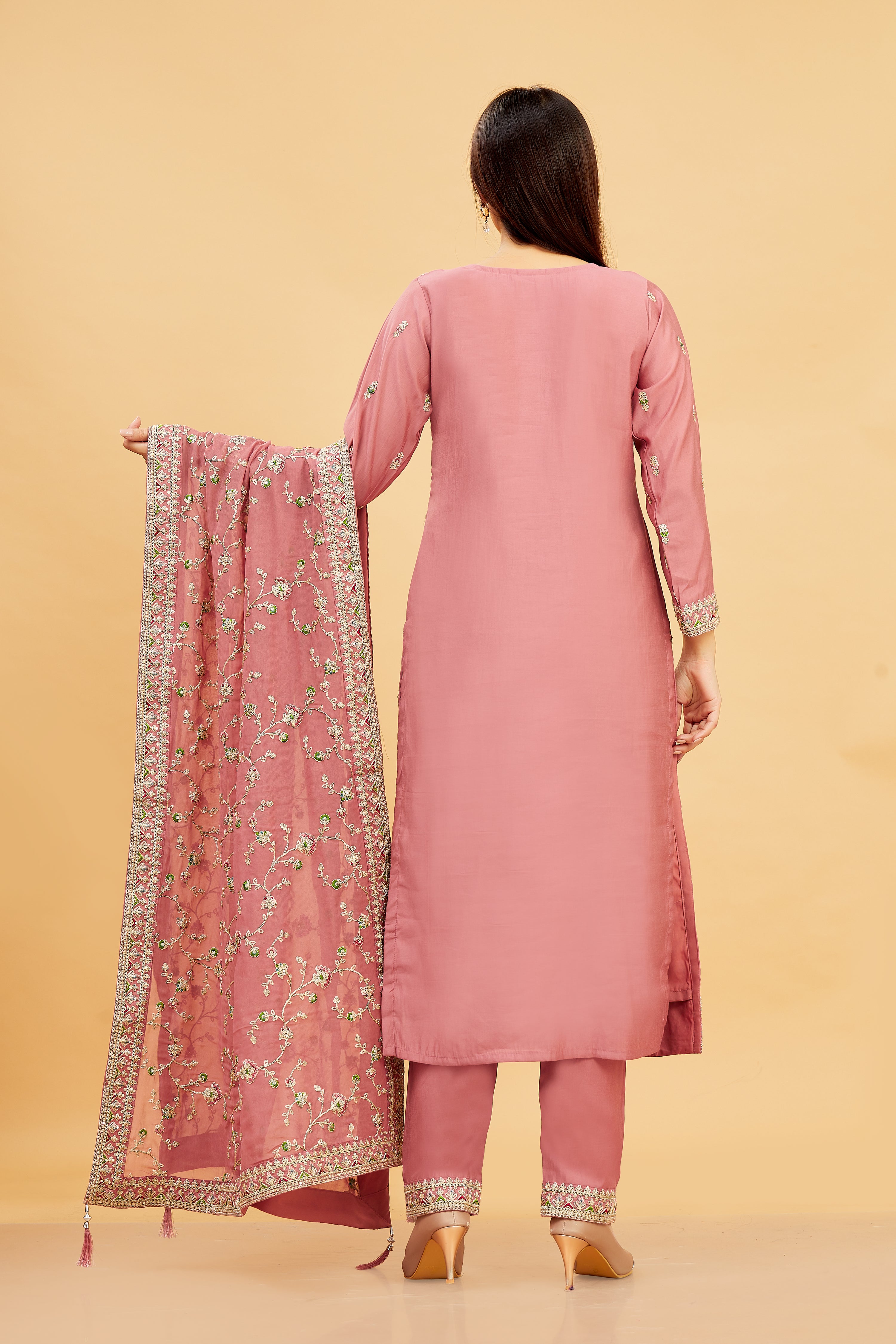 Vedika Ladies Silk Emb Wk Straight Kamiz & Pant L/S 38,42,46,50,54 - Roop Darshan