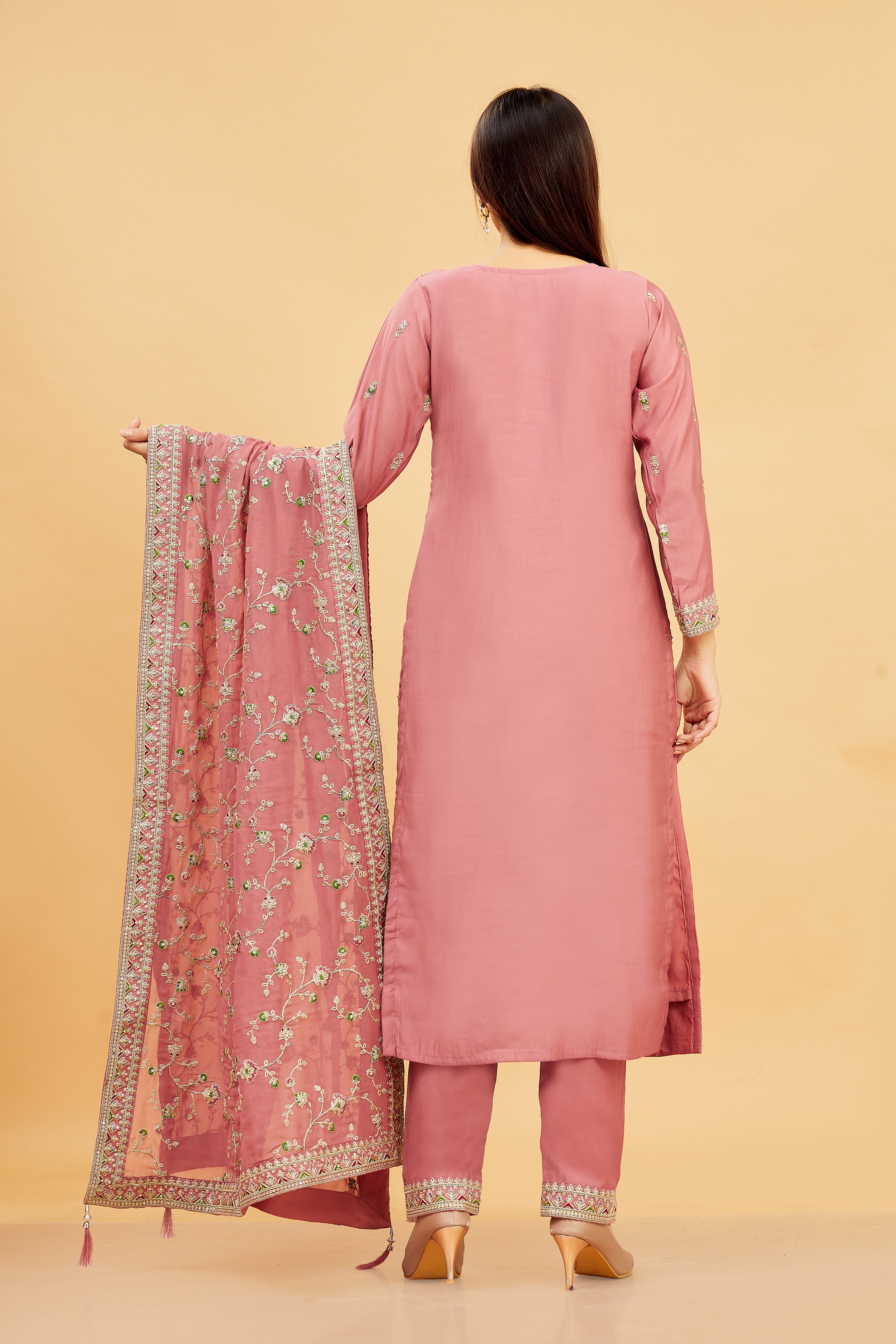 Vedika Ladies Silk Emb Wk Straight Kamiz & Pant L/S 38,42,46,50,54 - Roop Darshan