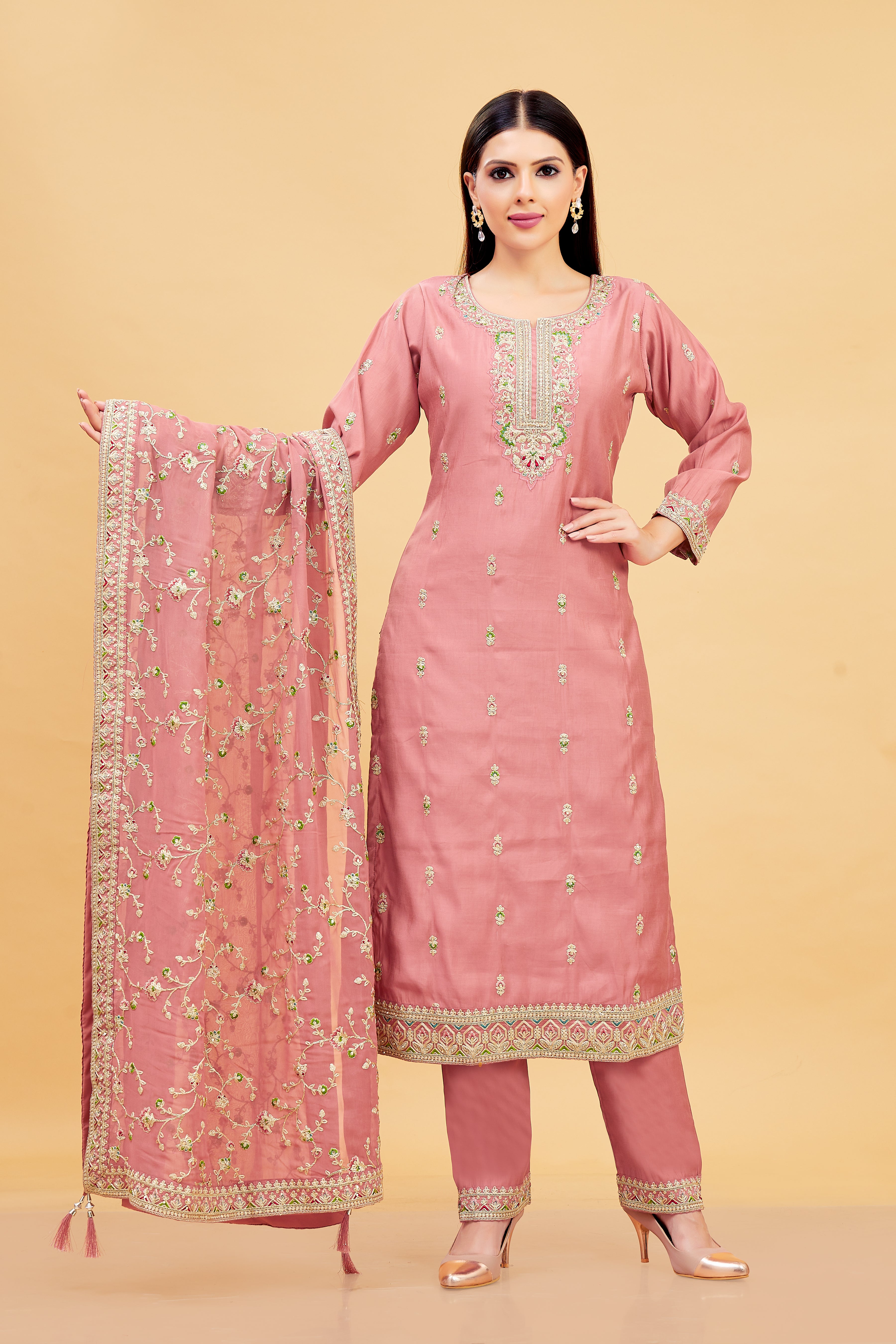 Vedika Ladies Silk Emb Wk Straight Kamiz & Pant L/S 38,42,46,50,54 - Roop Darshan