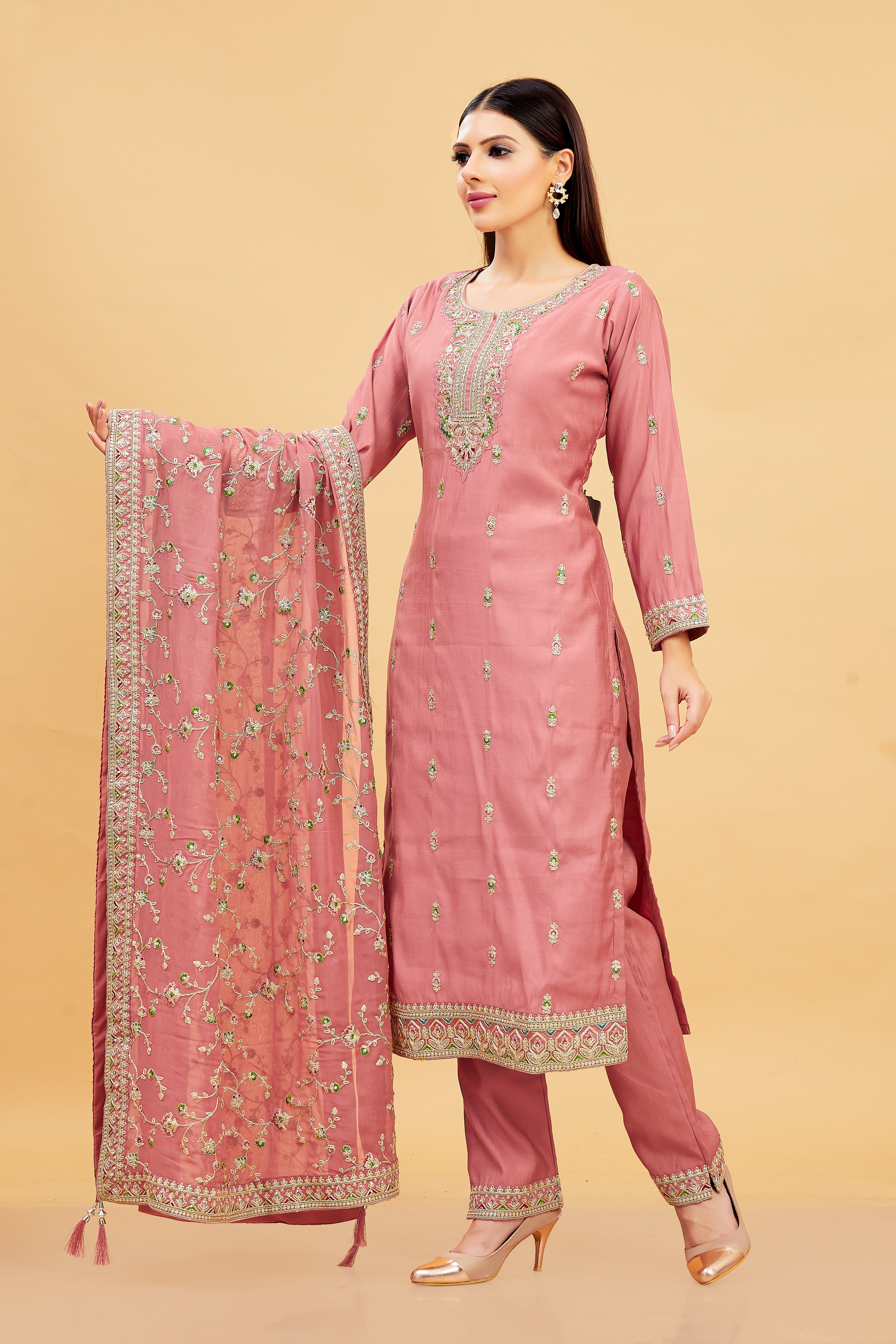 Vedika Ladies Silk Emb Wk Straight Kamiz & Pant L/S 38,42,46,50,54 - Roop Darshan