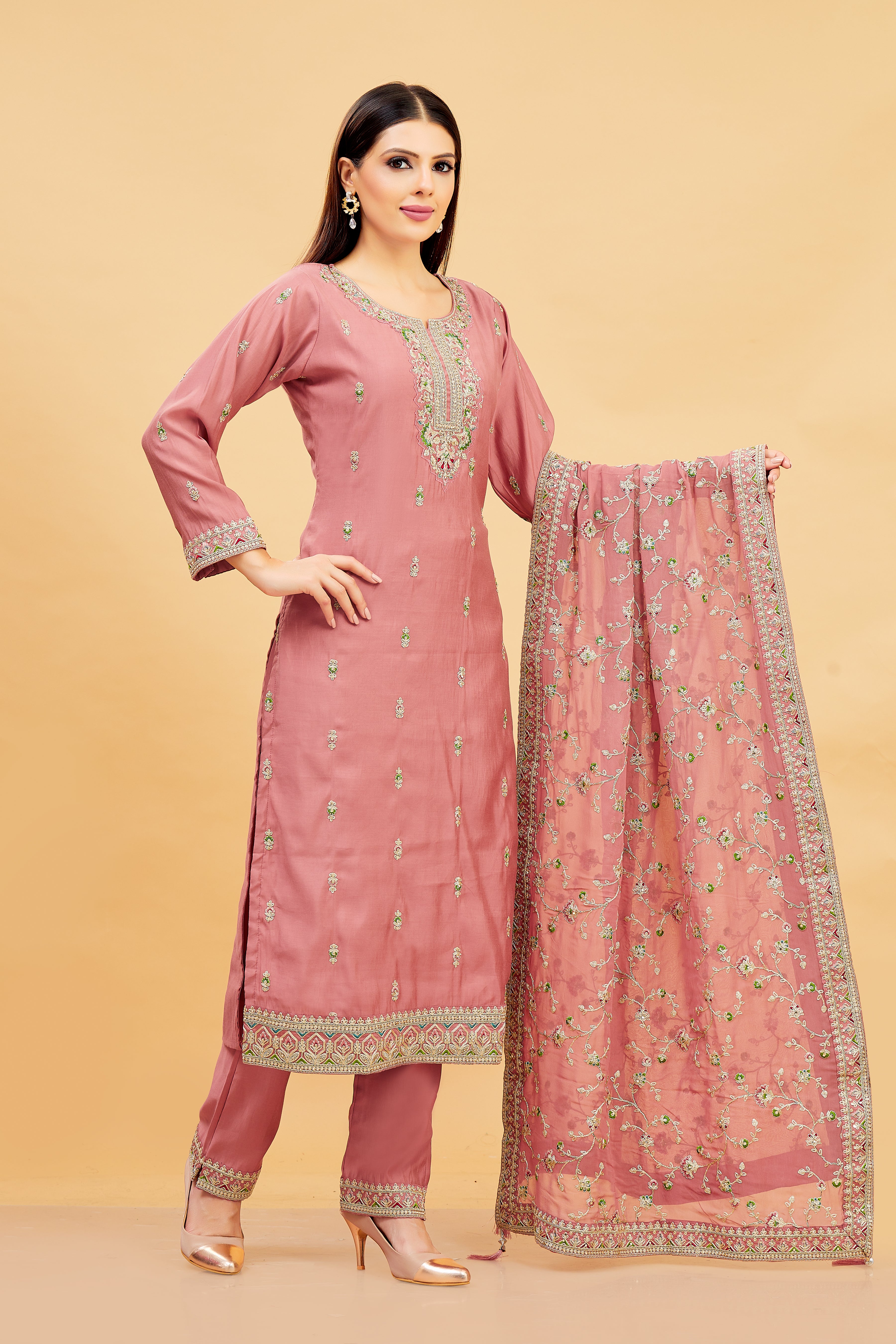 Vedika Ladies Silk Emb Wk Straight Kamiz & Pant L/S 38,42,46,50,54 - Roop Darshan