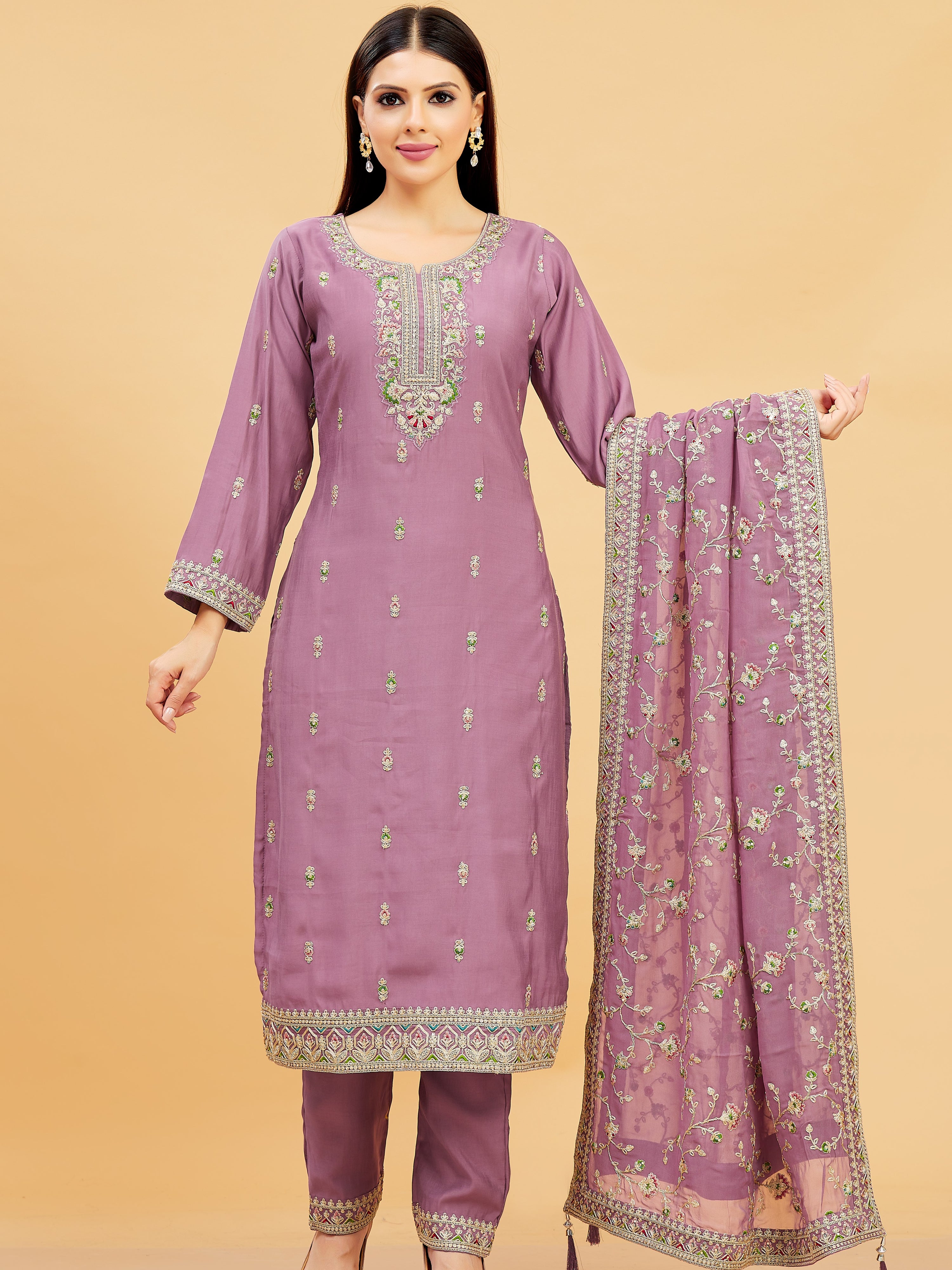 Vedika Ladies Silk Emb Wk Straight Kamiz & Pant L/S 38,42,46,50,54 - Roop Darshan