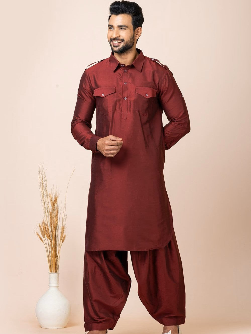 Mens Maroon Pathani Suit