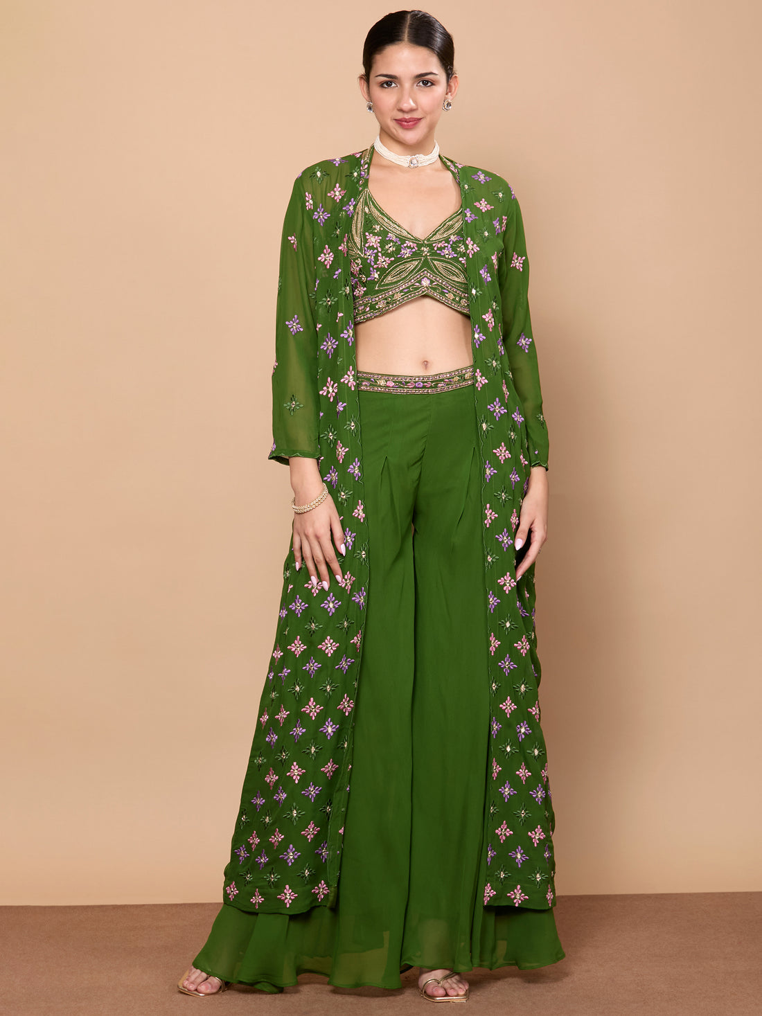 Eshita Crop Top Plazzo With Jacket - Roop Darshan