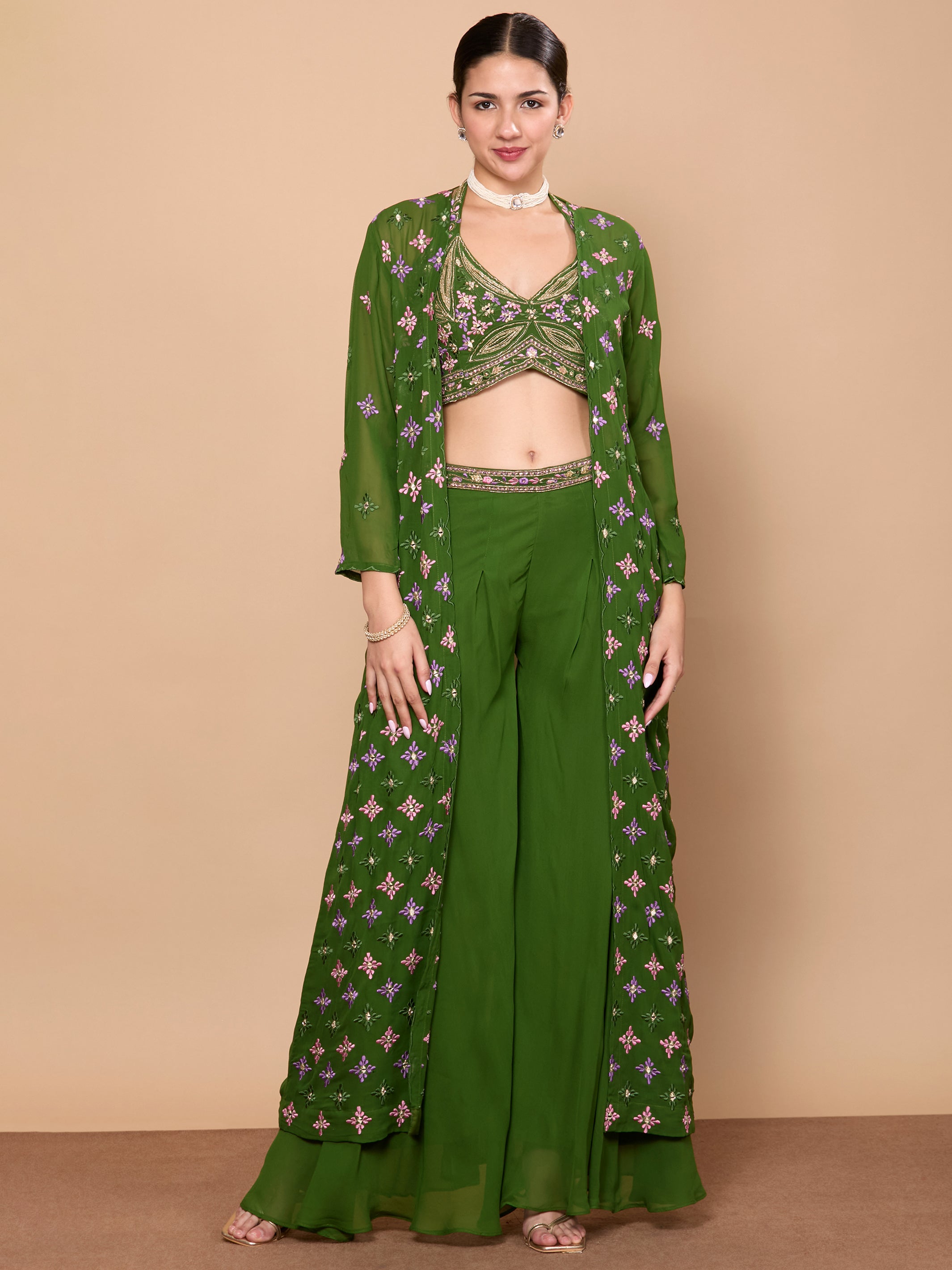 Eshita Crop Top Plazzo With Jacket - Roop Darshan