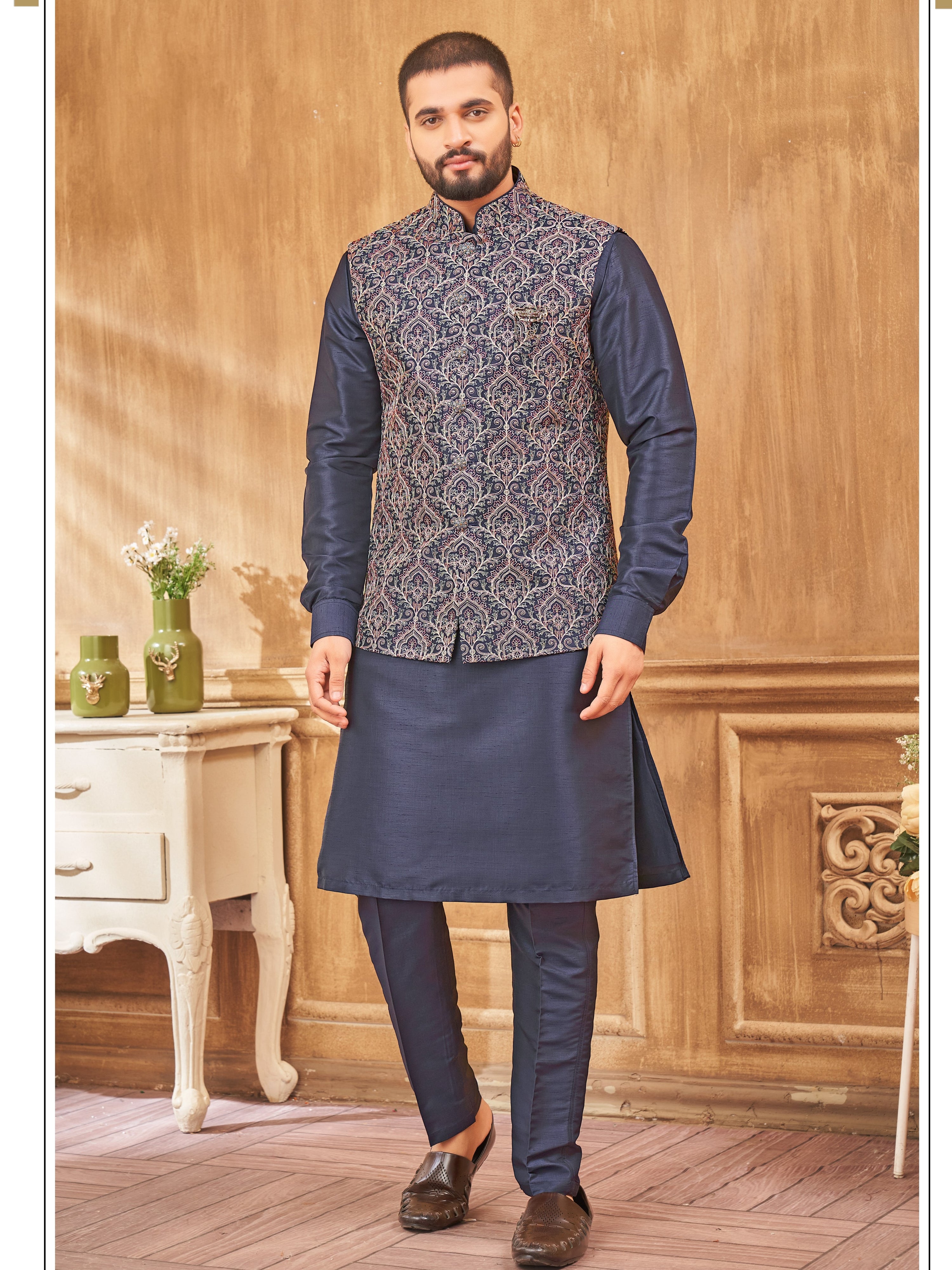 Mens Silk Kurta Set With Jacket - Roop Darshan