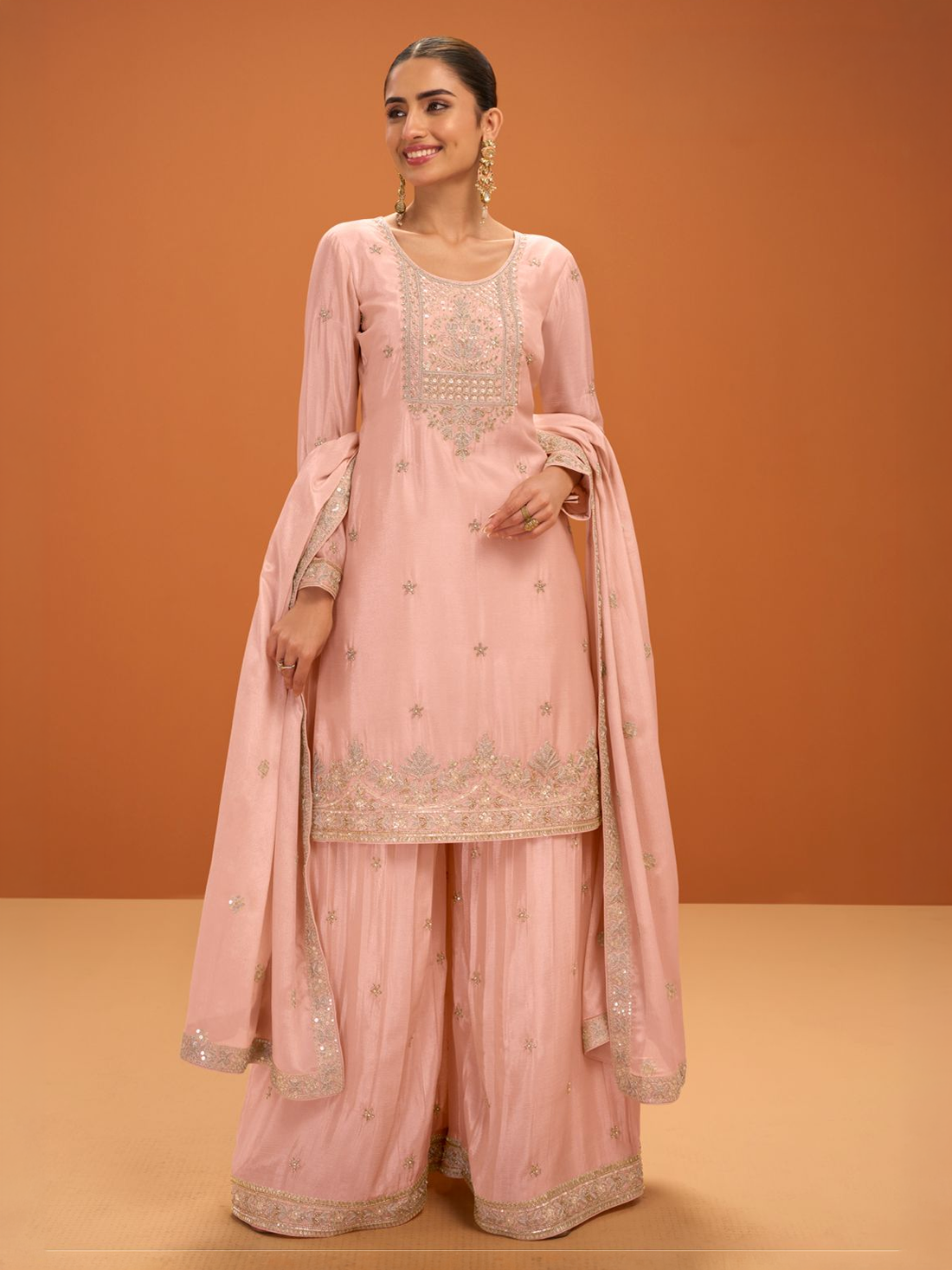 Ladies Silk Zari Wk Straight Palazzo Suit L/S 40X44