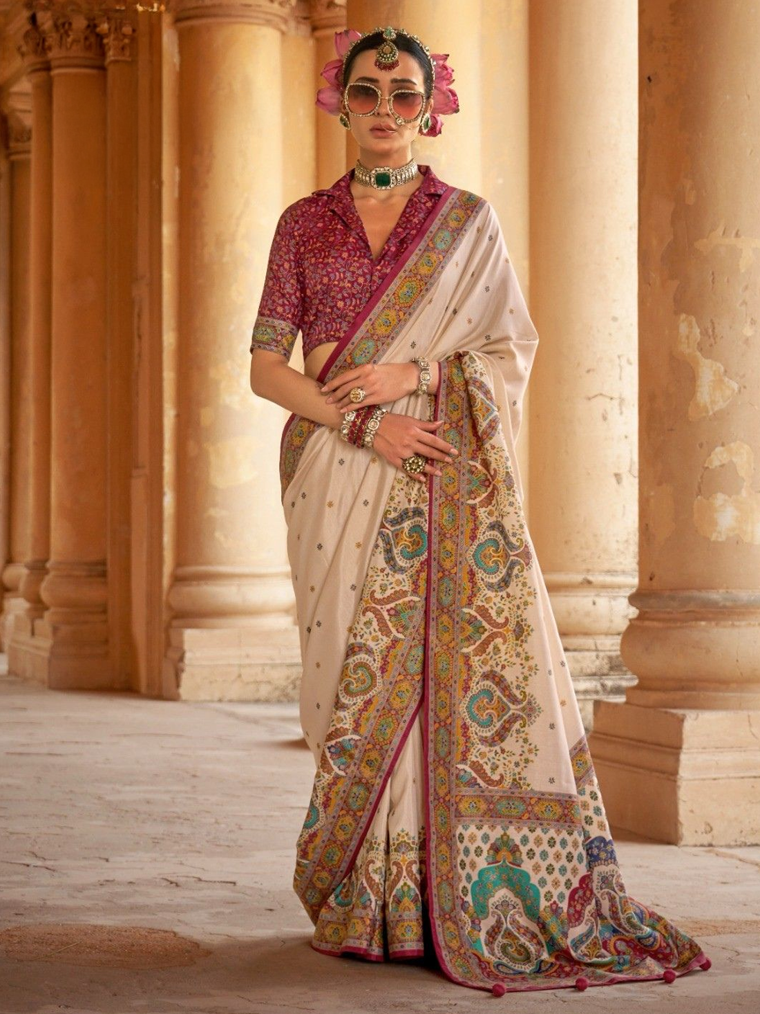 Vaani Silk Printed Saree – Cream