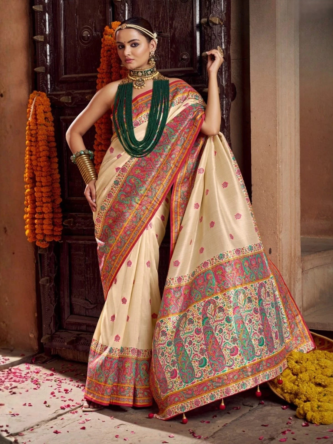 Saloni Silk Printed Saree - Cream