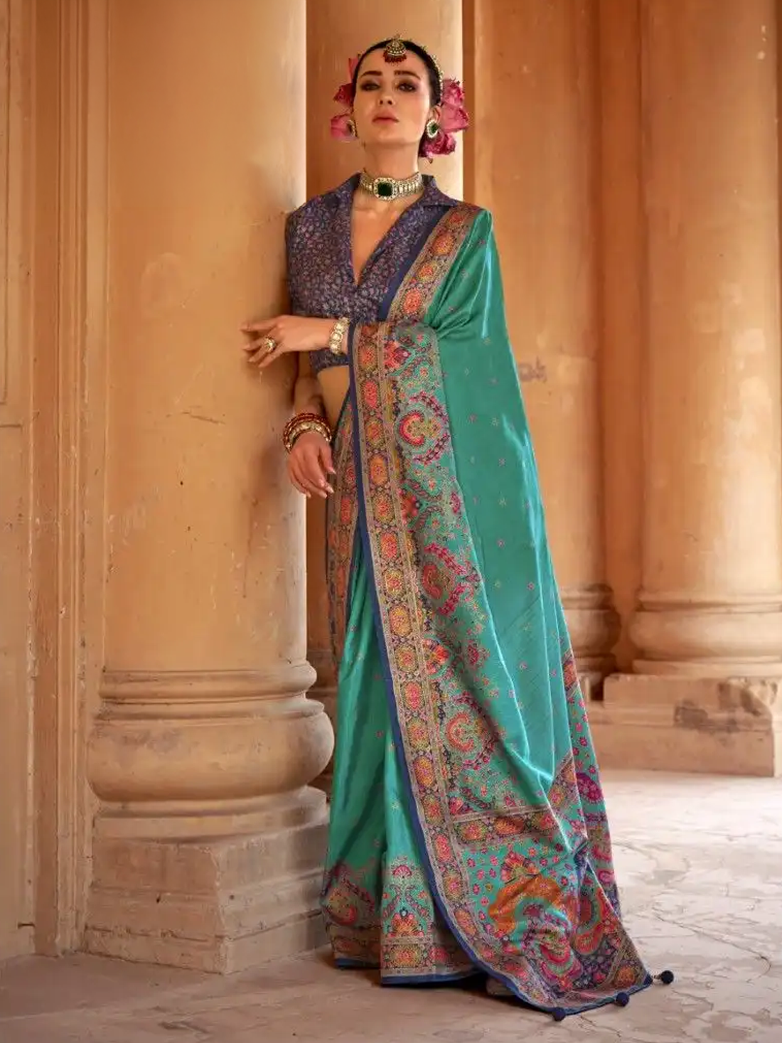 Vaani Silk Printed Saree – Turquoise
