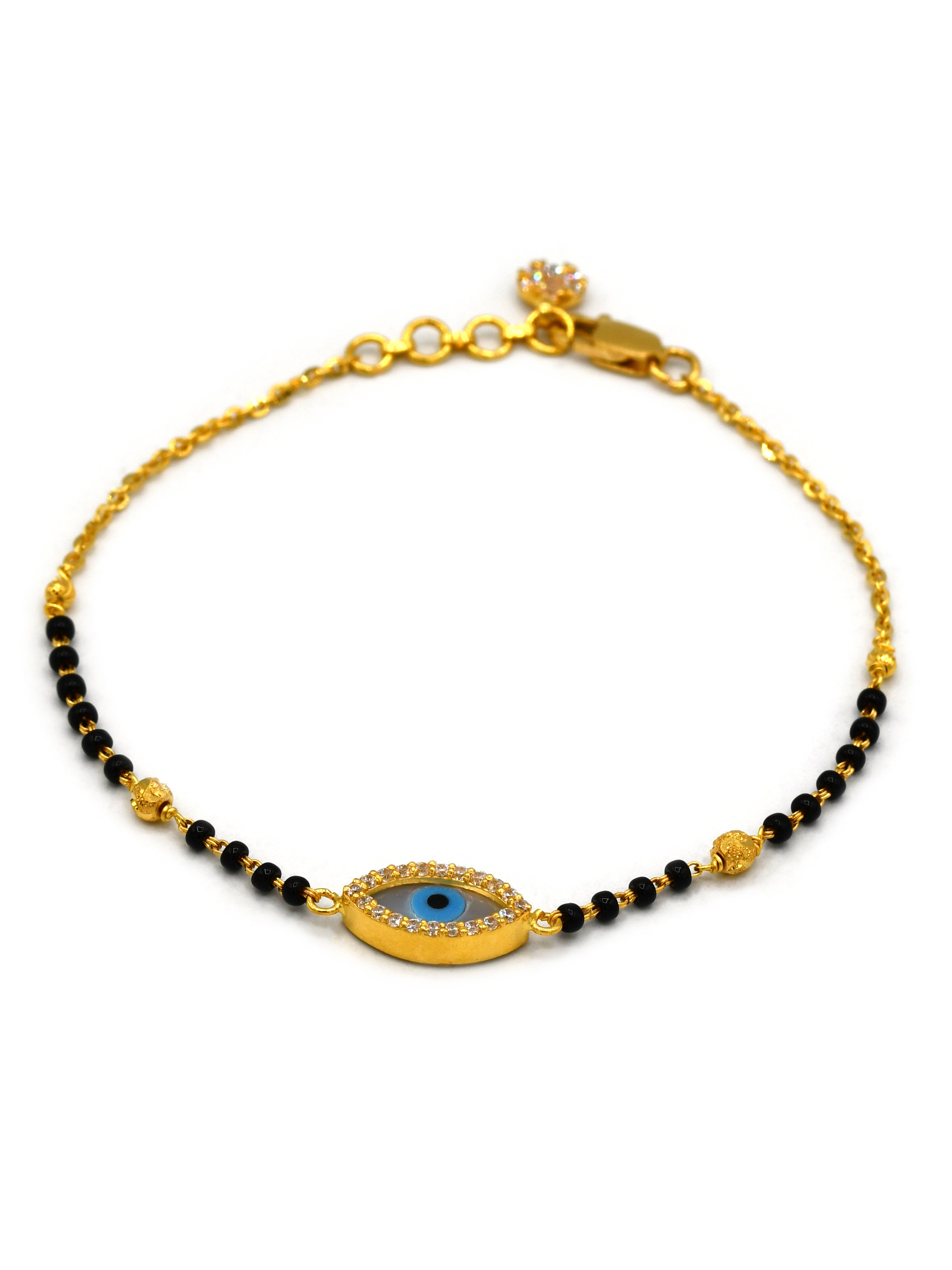 22ct Gold Ball Black Beads Evil Eye Ladies Bracelet