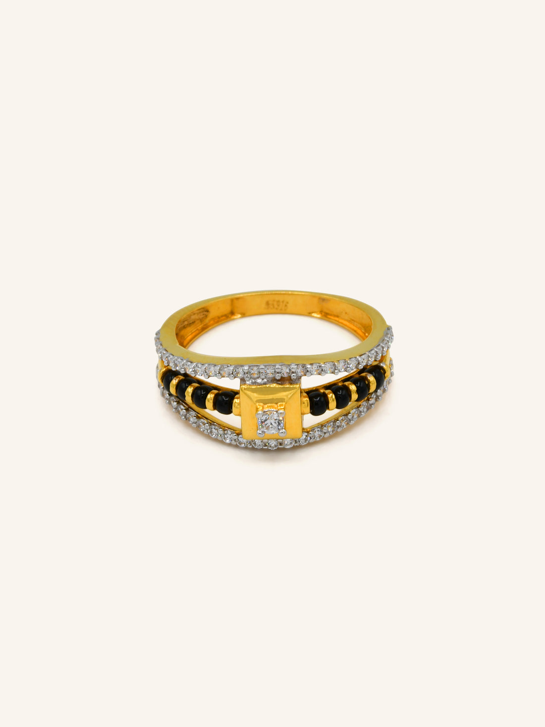 22ct Gold Black Beads CZ Ladies Ring