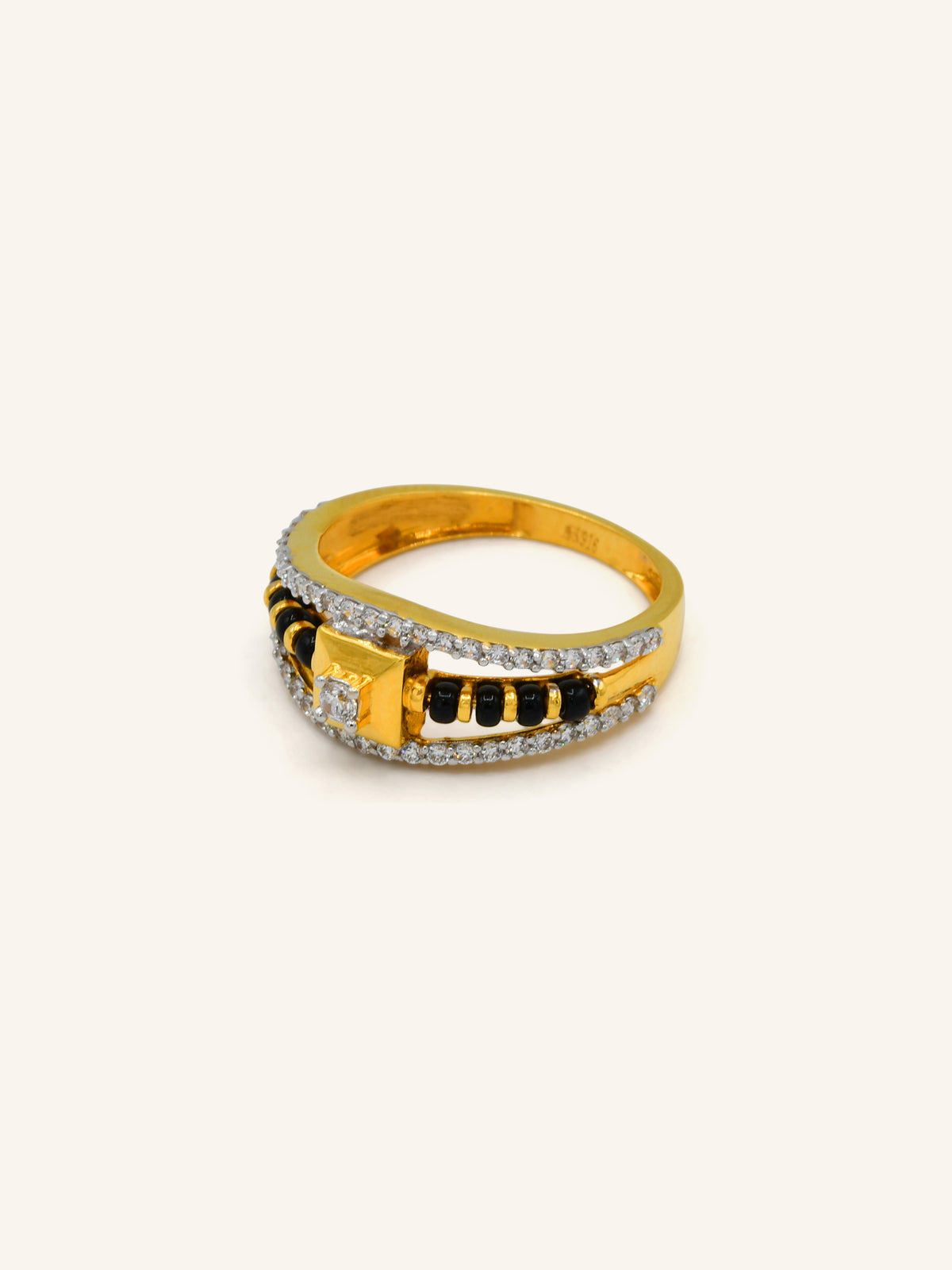 22ct Gold Black Beads CZ Ladies Ring