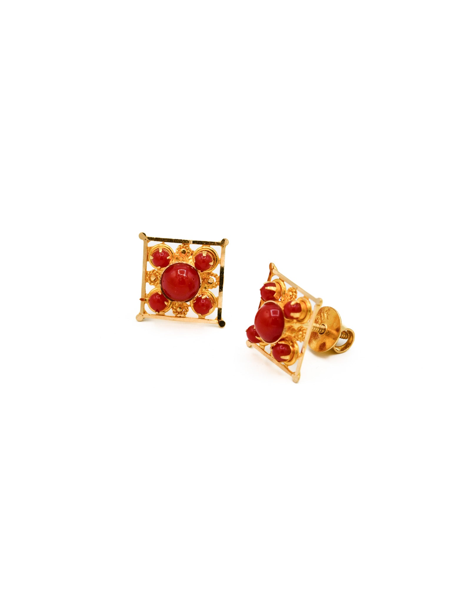 22ct Gold Red Stone Stud Earrings - Roop Darshan