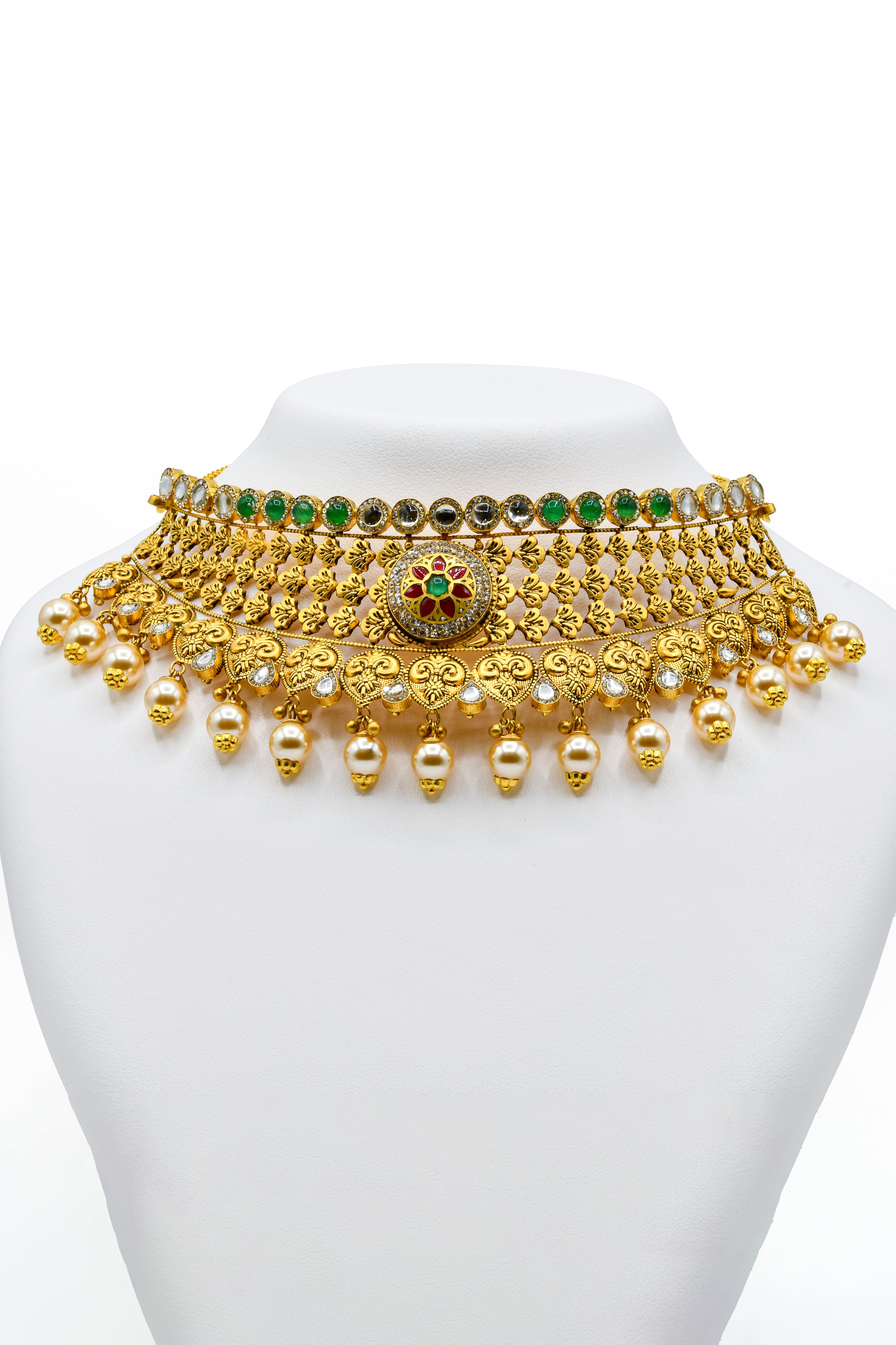 22ct Gold Antique Choker Kundan Necklace Set - Roop Darshan
