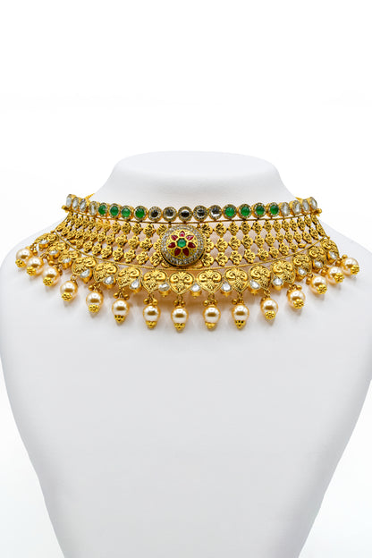 22ct Gold Antique Choker Kundan Necklace Set - Roop Darshan