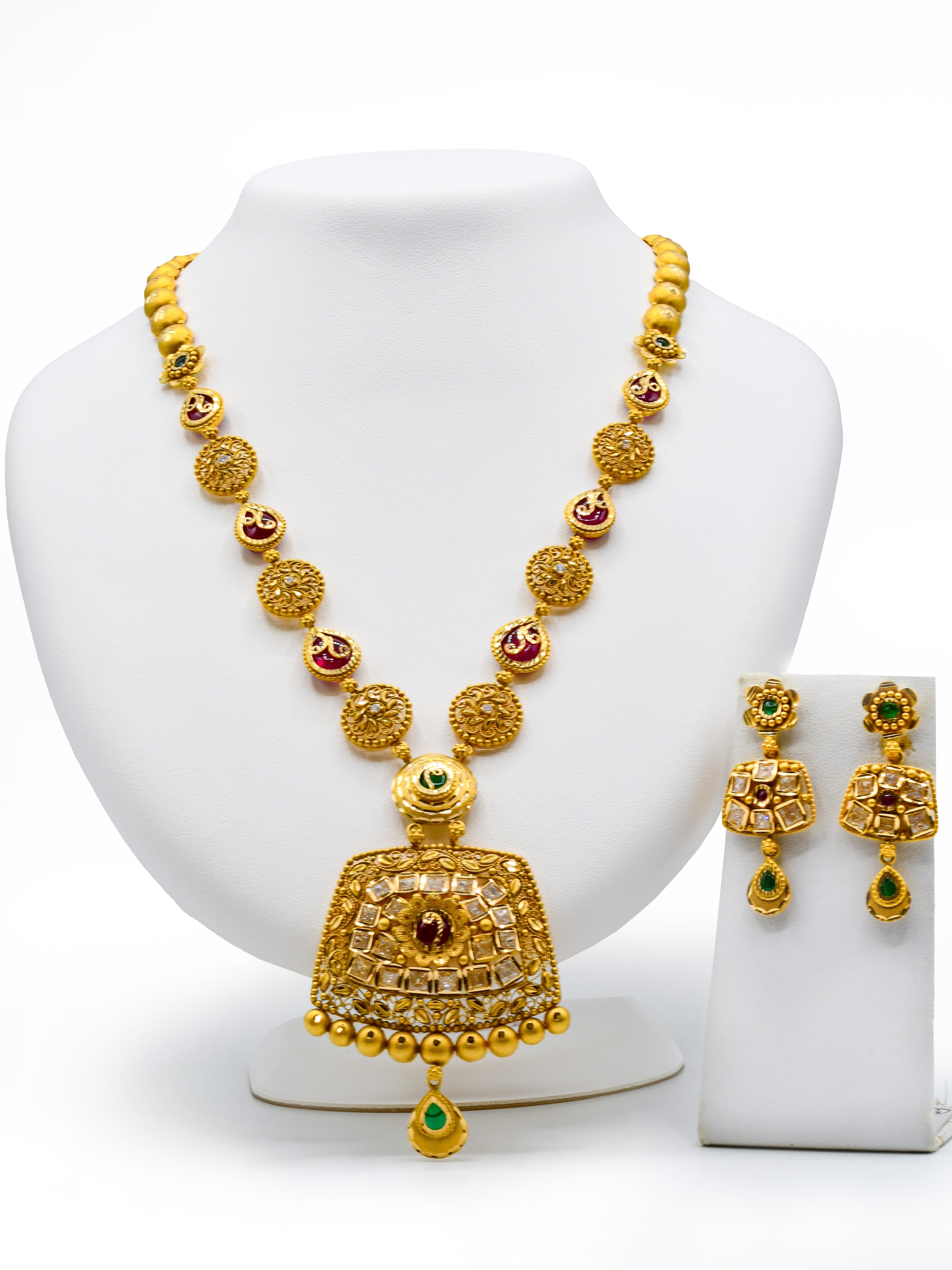 22ct Gold Antique Kundan Long Necklace Set - Roop Darshan