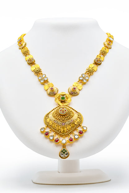 22ct Gold Antique Kundan Long Necklace Set - Roop Darshan
