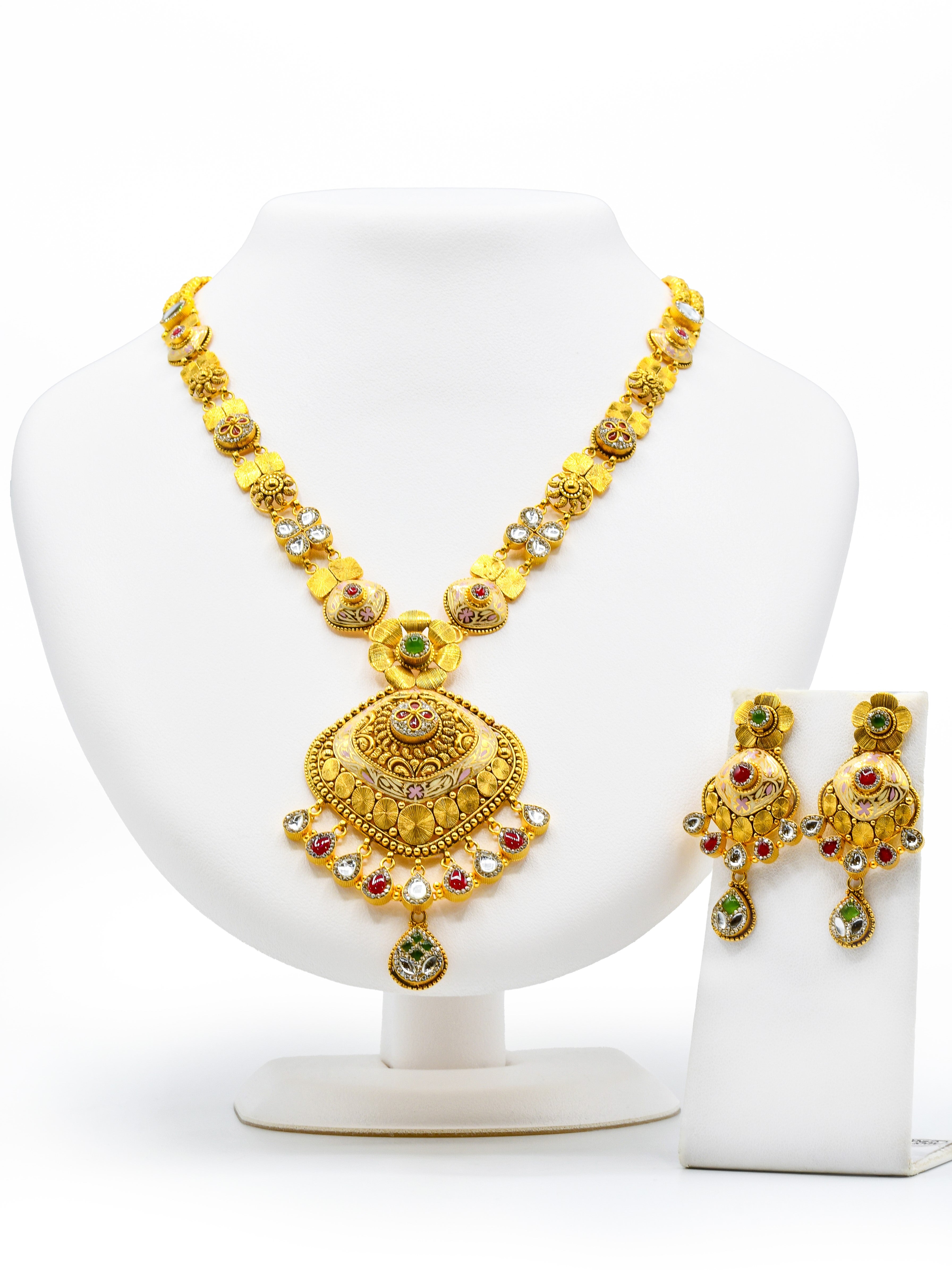 22ct Gold Antique Kundan Long Necklace Set - Roop Darshan
