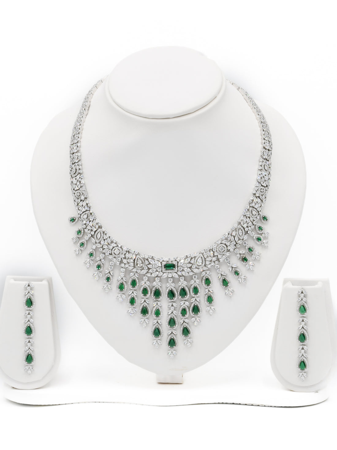 Silver Green CZ Necklace Set - Roop Darshan