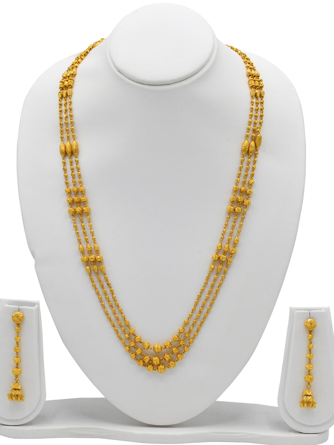22ct Gold Ball 3 Row Necklace Set - Roop Darshan