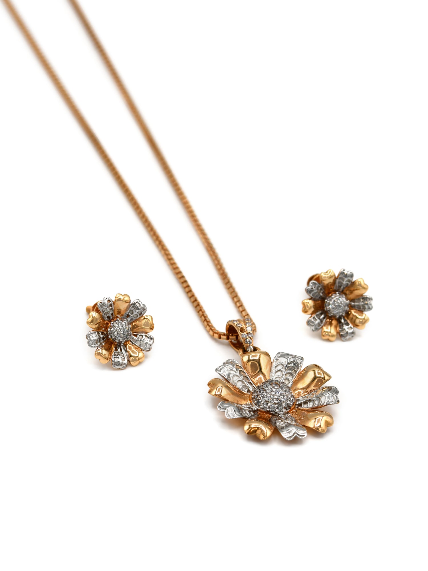 18ct Rose Gold Two Tone CZ Flower Pendant Earrings Set