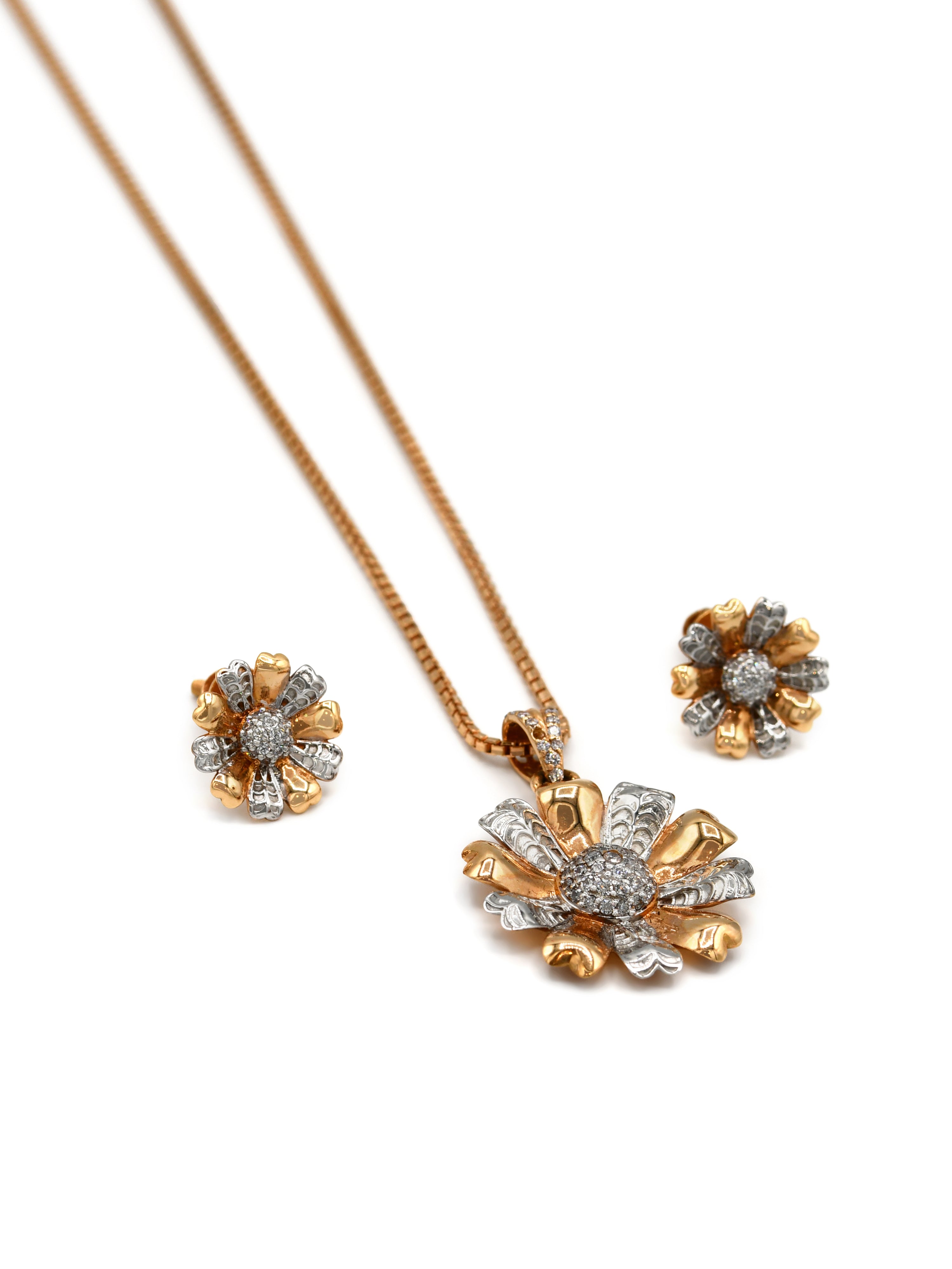 18ct Rose Gold Two Tone CZ Flower Pendant Earrings Set - Roop Darshan