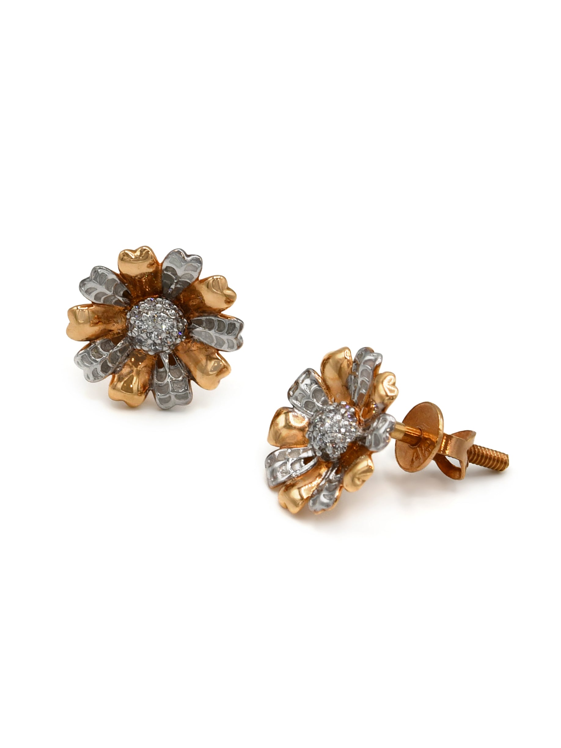 18ct Rose Gold Two Tone CZ Flower Pendant Earrings Set - Roop Darshan
