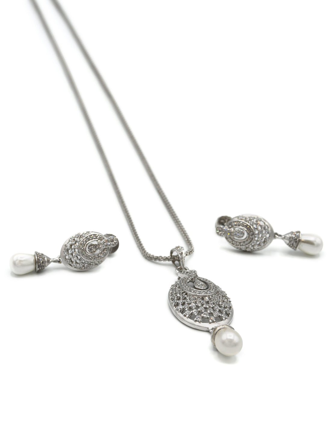 18ct Gold Rhodium CZ Pearl Pendant Earrings Set