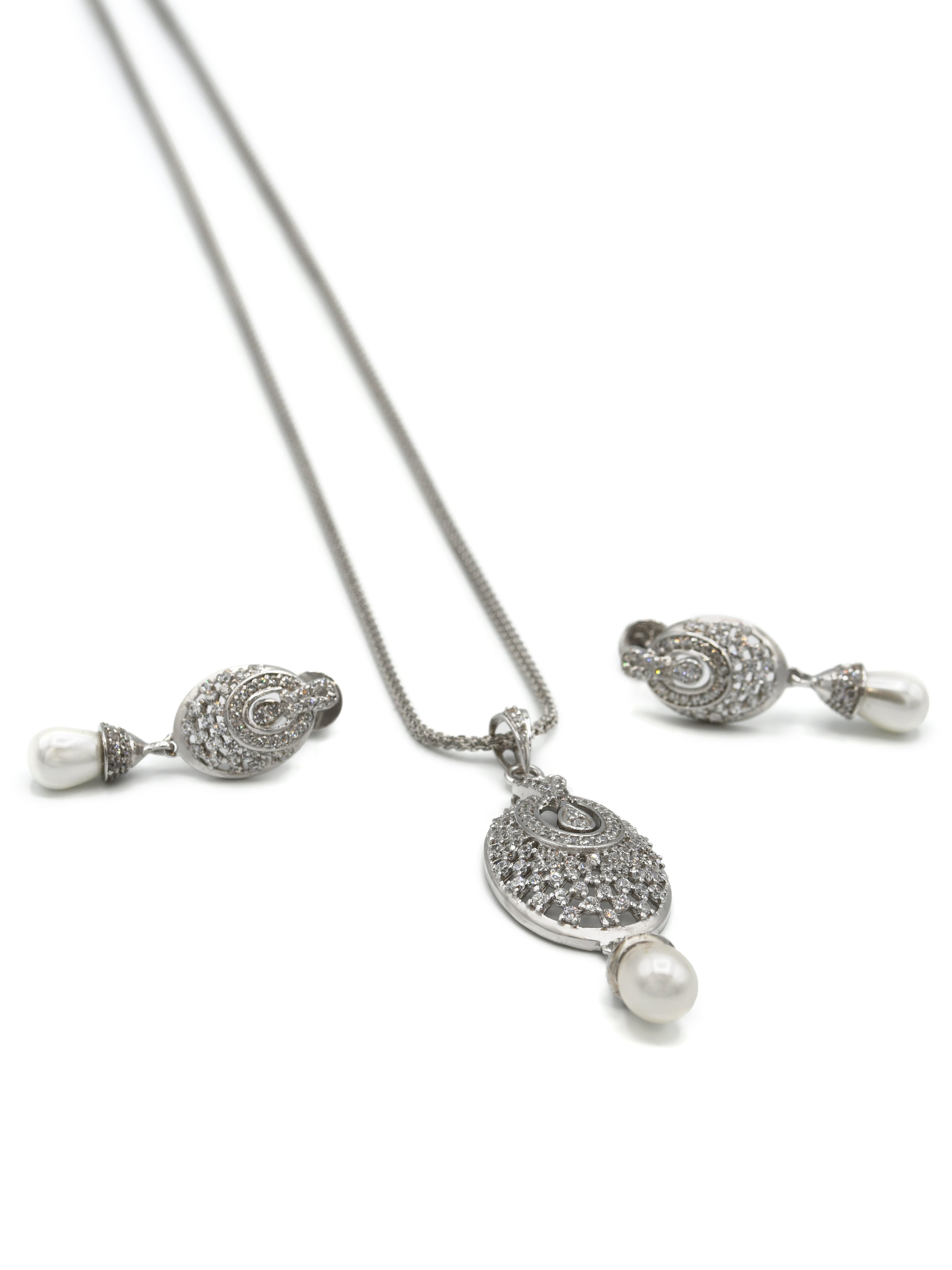 18ct Gold Rhodium CZ Pearl Pendant Earrings Set