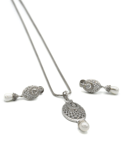 18ct Gold Rhodium CZ Pearl Pendant Earrings Set