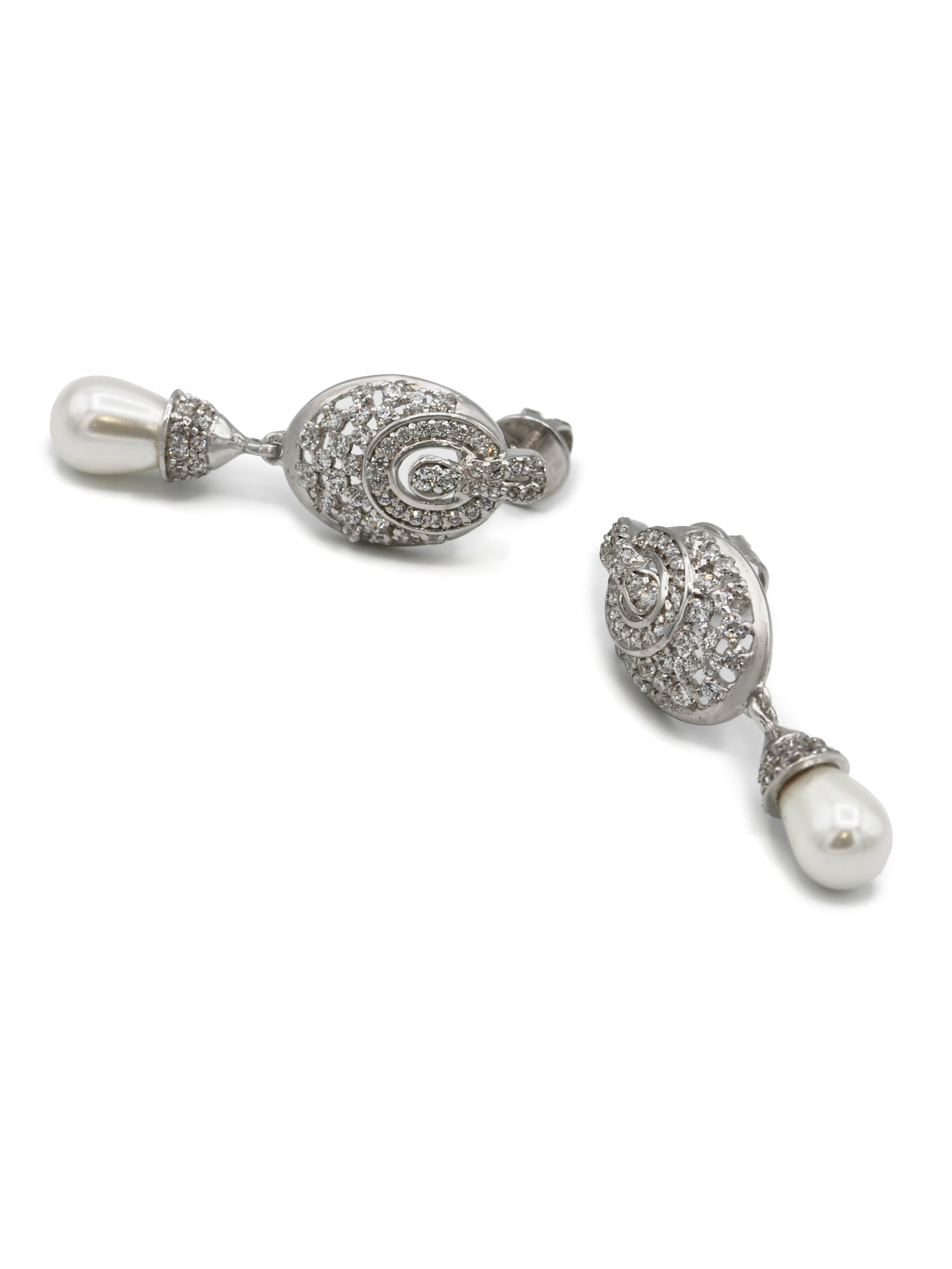 18ct Gold Rhodium CZ Pearl Pendant Earrings Set - Roop Darshan