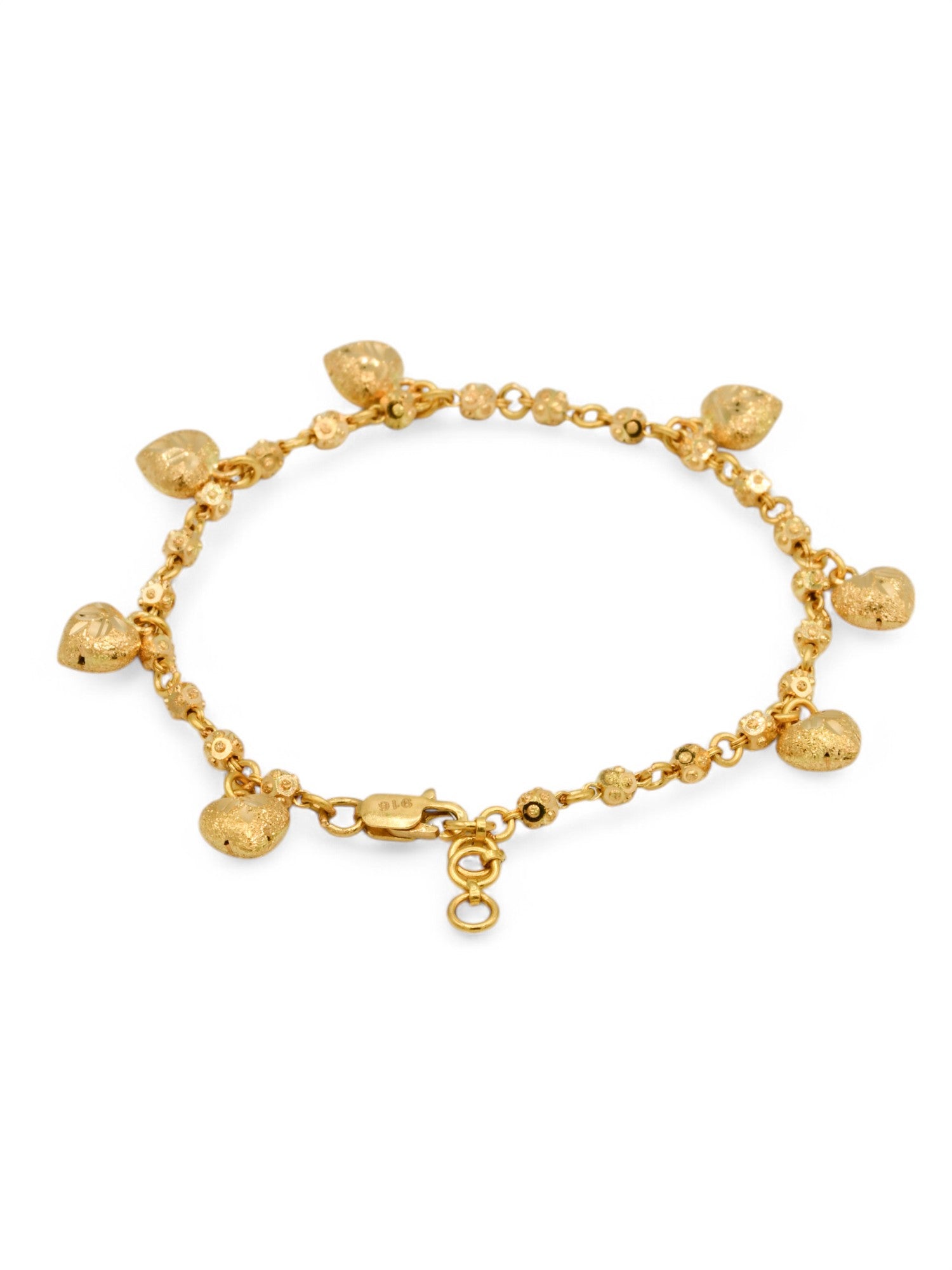 22ct Gold Ball Heart Charms Ladies Bracelet