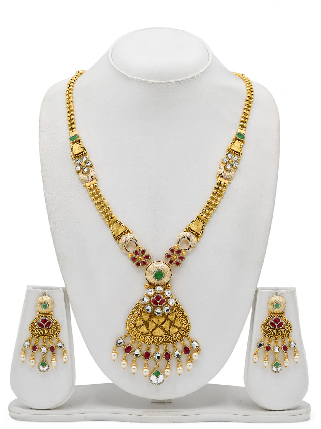 22ct Gold Antique Pearl Kundan Long Necklace Set