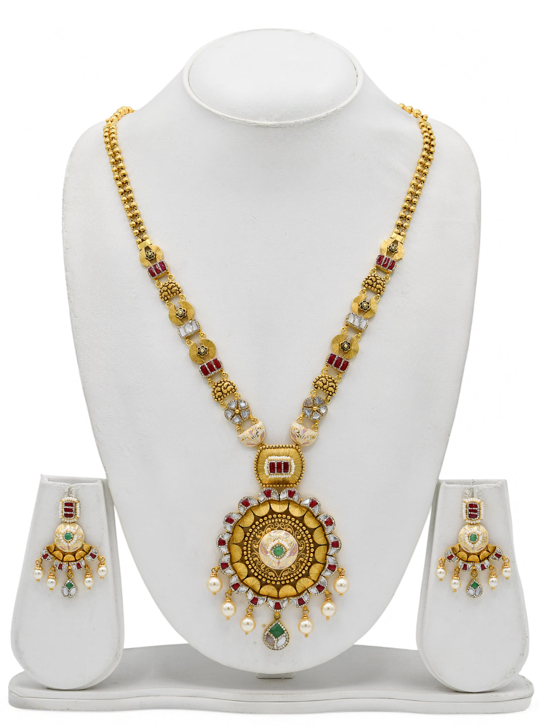 22ct Gold Antique Pearl Kundan Long Necklace Set