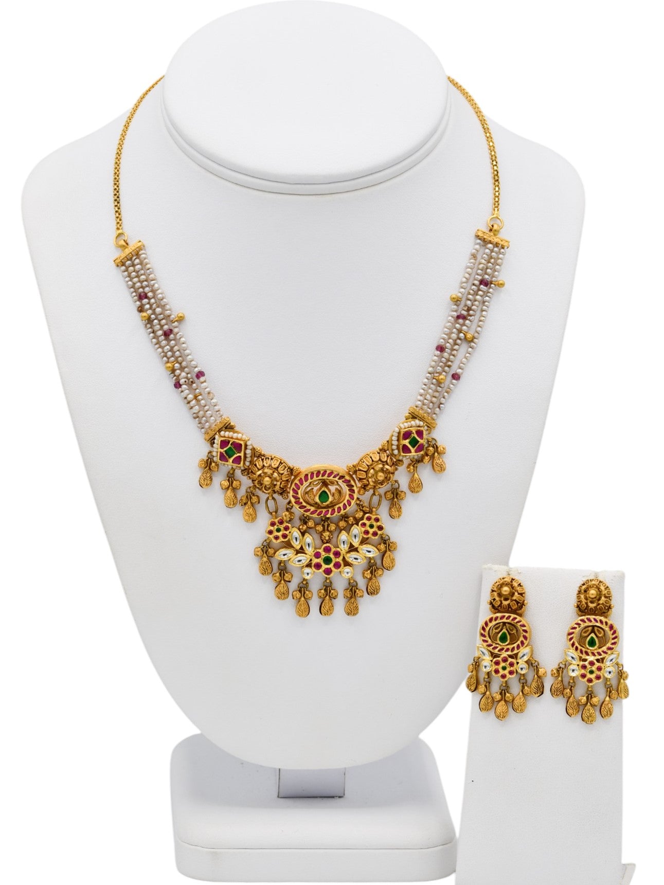 22ct Gold Antique Pearl Kundan Necklace Set - Roop Darshan