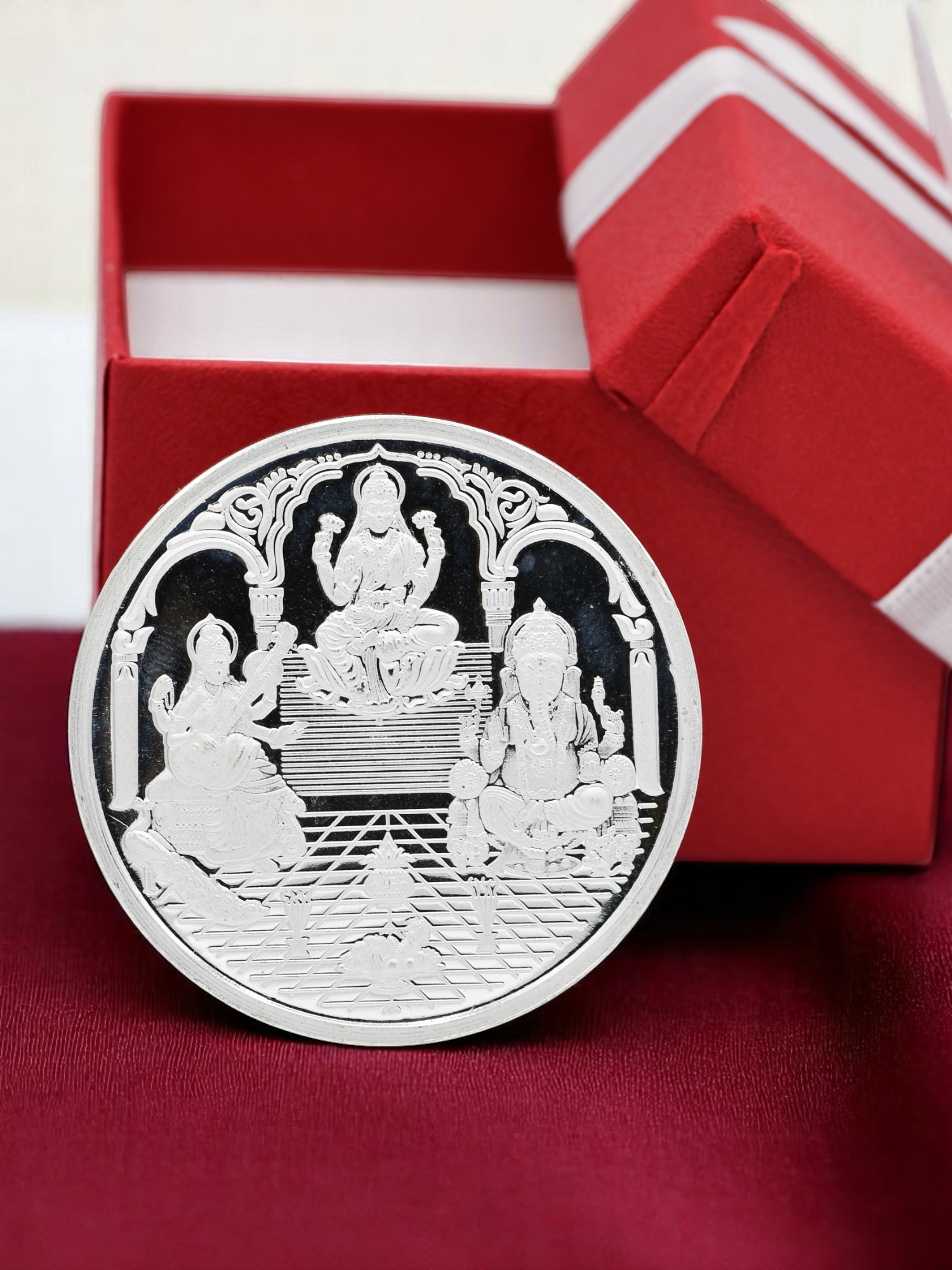 100 Grams Silver Laxmiji, Saraswati &amp; Ganesha Coin - Roop Darshan